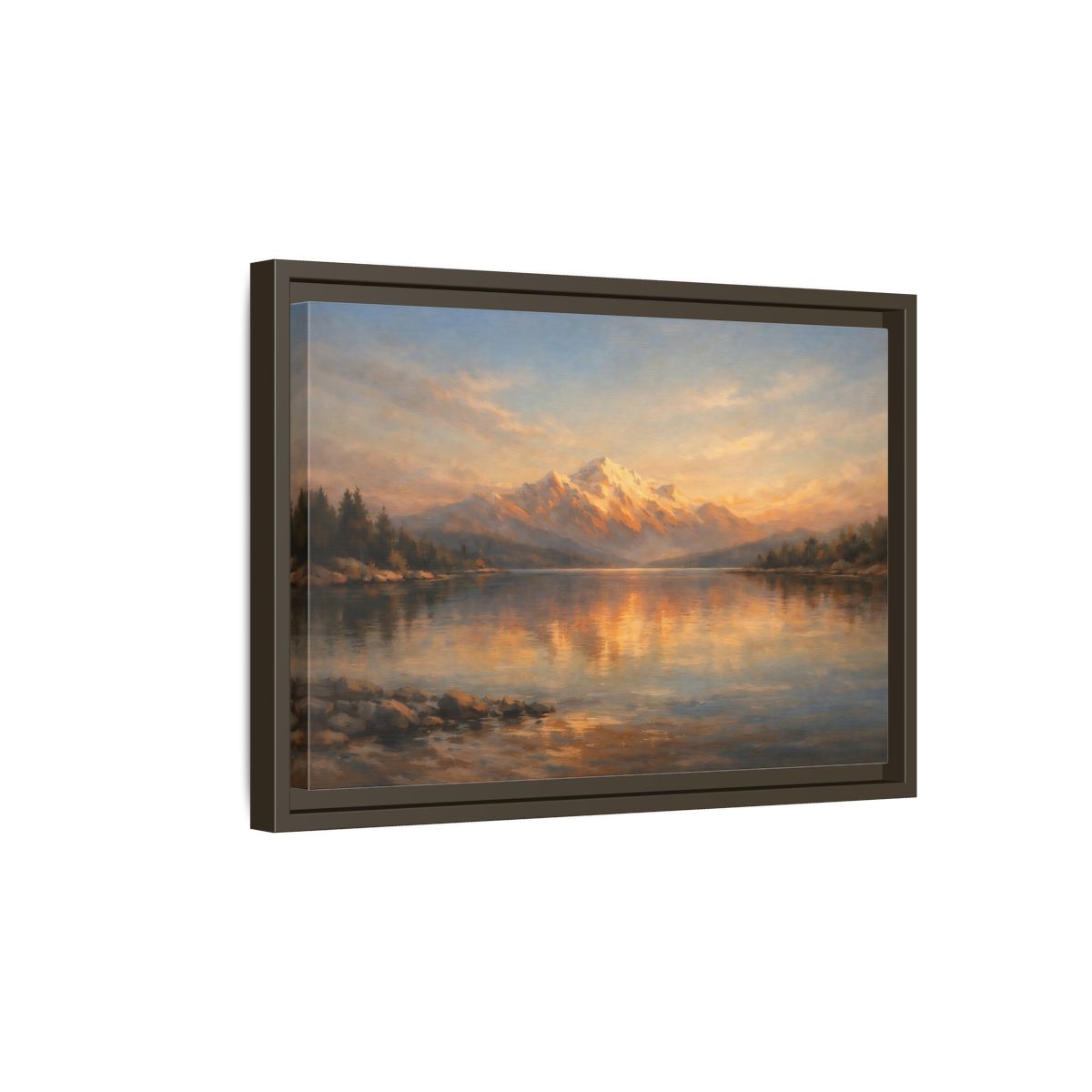 Side Mockup 5. Nature Mountain Lake Golden Mountain Lake shown as stretched canvas wall art