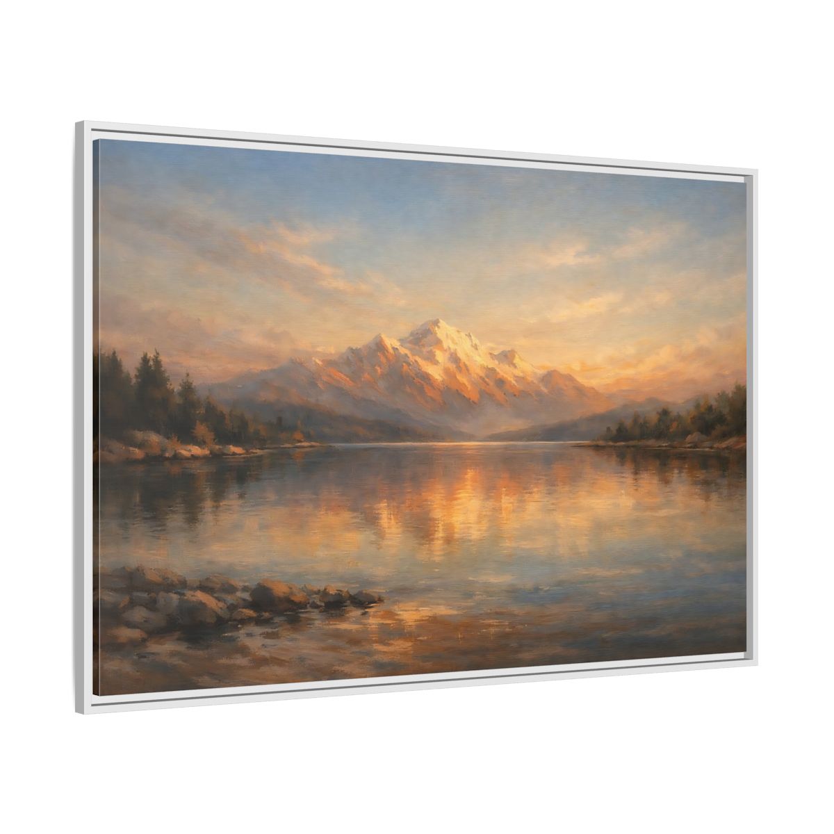 Side Mockup 7. Nature Mountain Lake Golden Mountain Lake shown as stretched canvas wall art