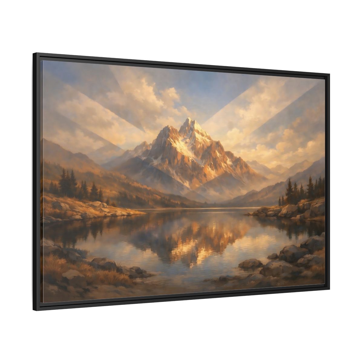 Side Mockup 12. Nature Mountain Lake Golden Mountain Lake shown as stretched canvas wall art
