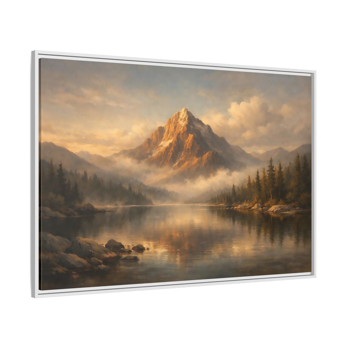 Side Mockup 7. Nature Mountain Lake Golden Mountain Lake shown as stretched canvas wall art