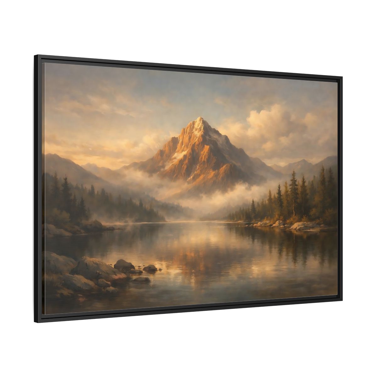 Side Mockup 12. Nature Mountain Lake Golden Mountain Lake shown as stretched canvas wall art