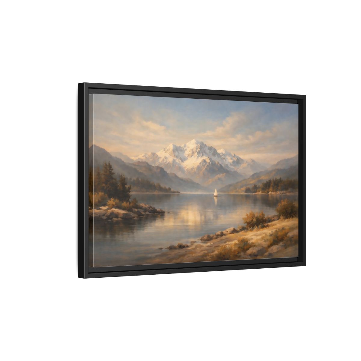 Side Mockup 3. Nature Mountain Lake Golden Lake Mountains shown as stretched canvas wall art