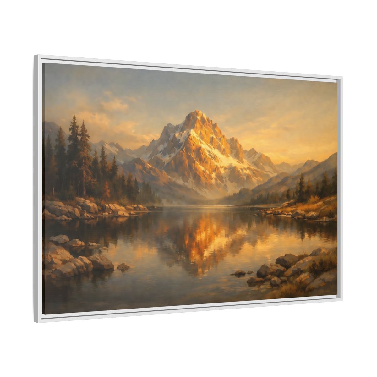 Side Mockup 7. Nature Mountain Lake Golden Mountain Lake shown as stretched canvas wall art