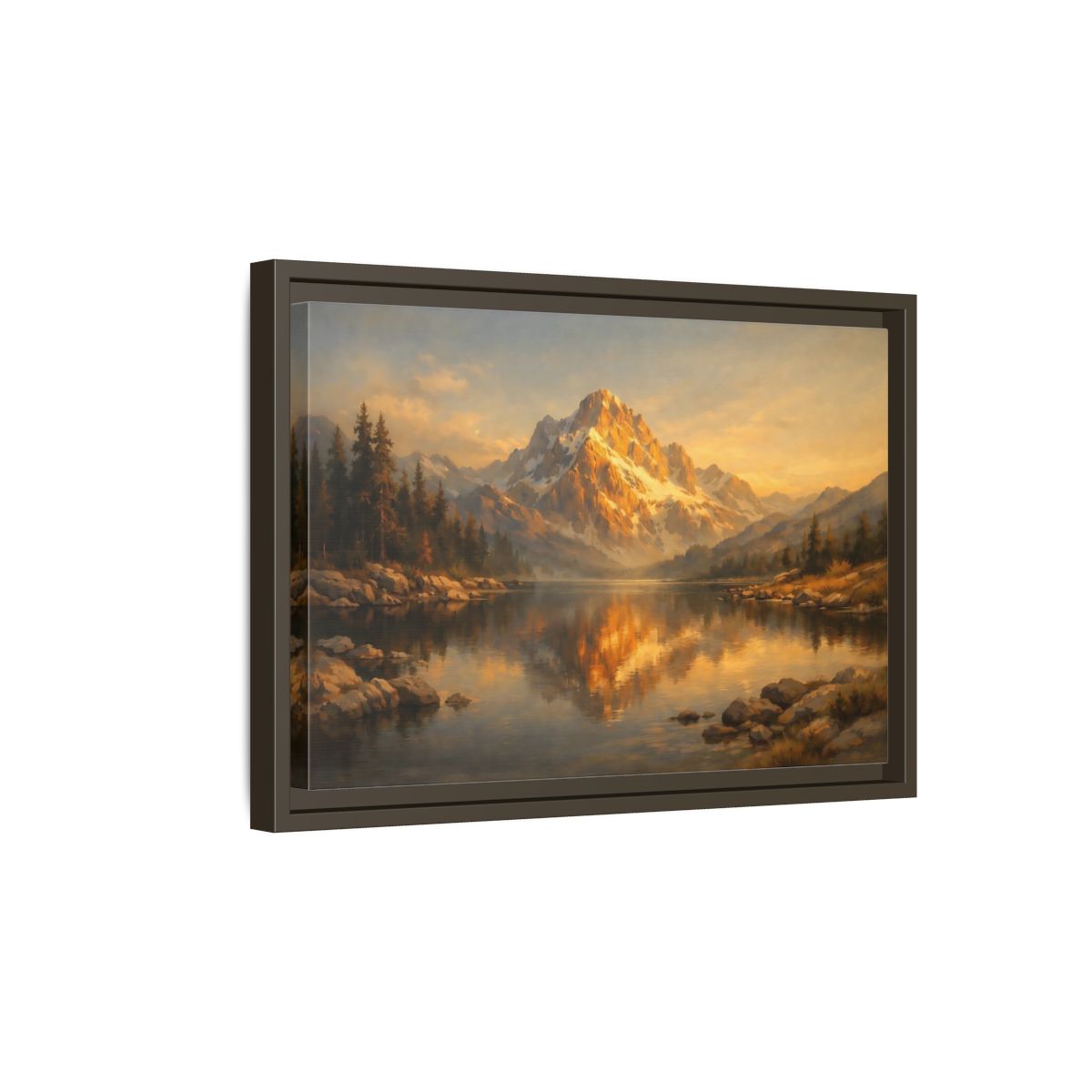 Side Mockup 5. Nature Mountain Lake Golden Mountain Lake shown as stretched canvas wall art