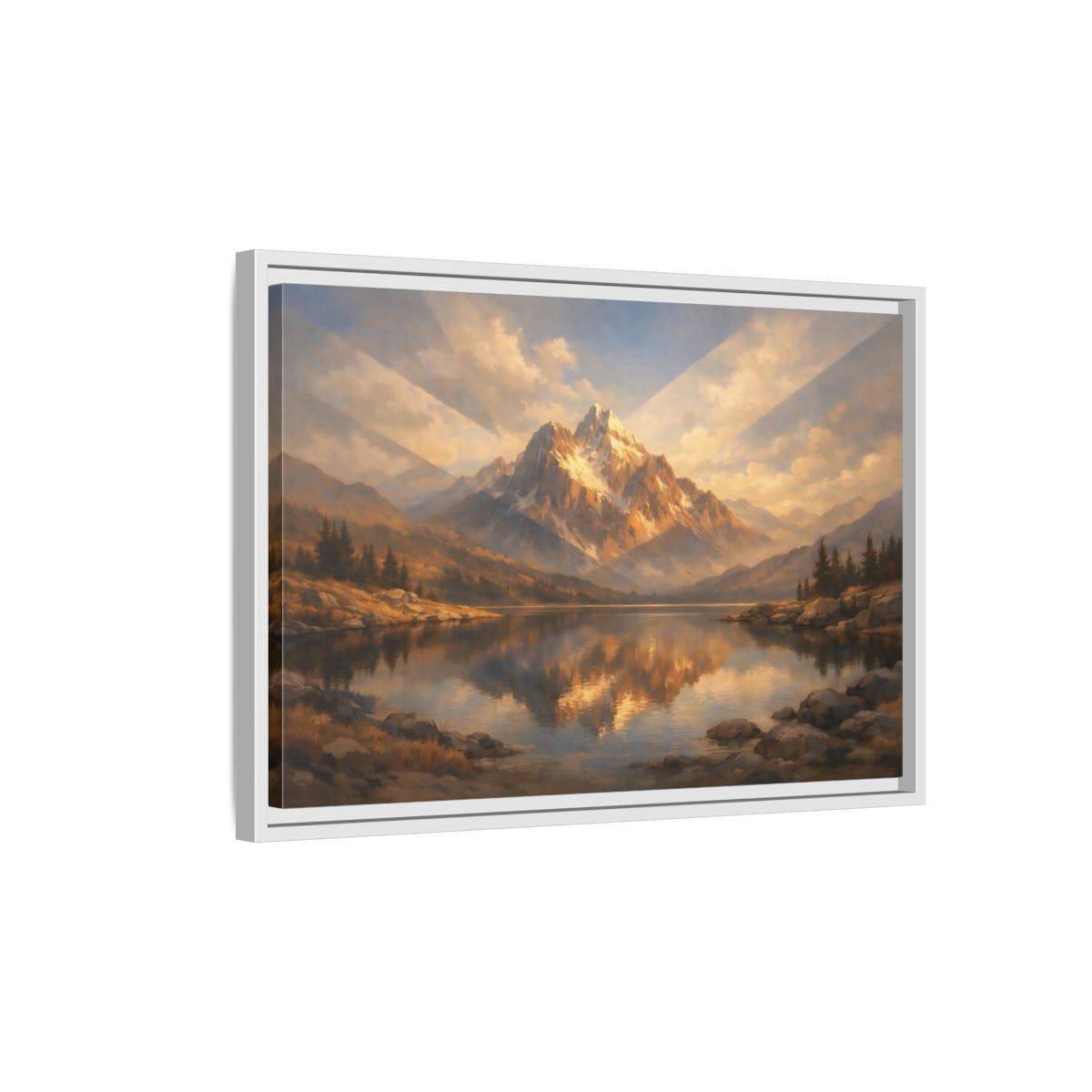 Side Mockup 1. Nature Mountain Lake Golden Mountain Lake shown as stretched canvas wall art