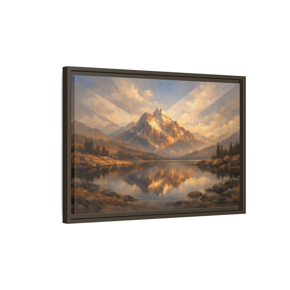 Side Mockup 2. Nature Mountain Lake Golden Mountain Lake shown as stretched canvas wall art