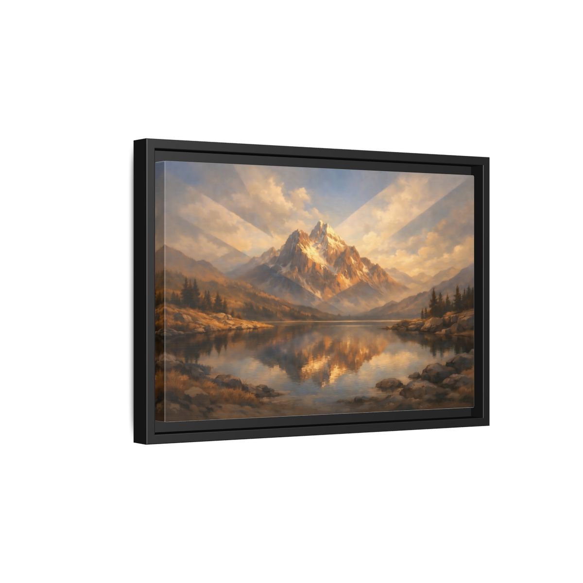 Side Mockup 6. Nature Mountain Lake Golden Mountain Lake shown as stretched canvas wall art