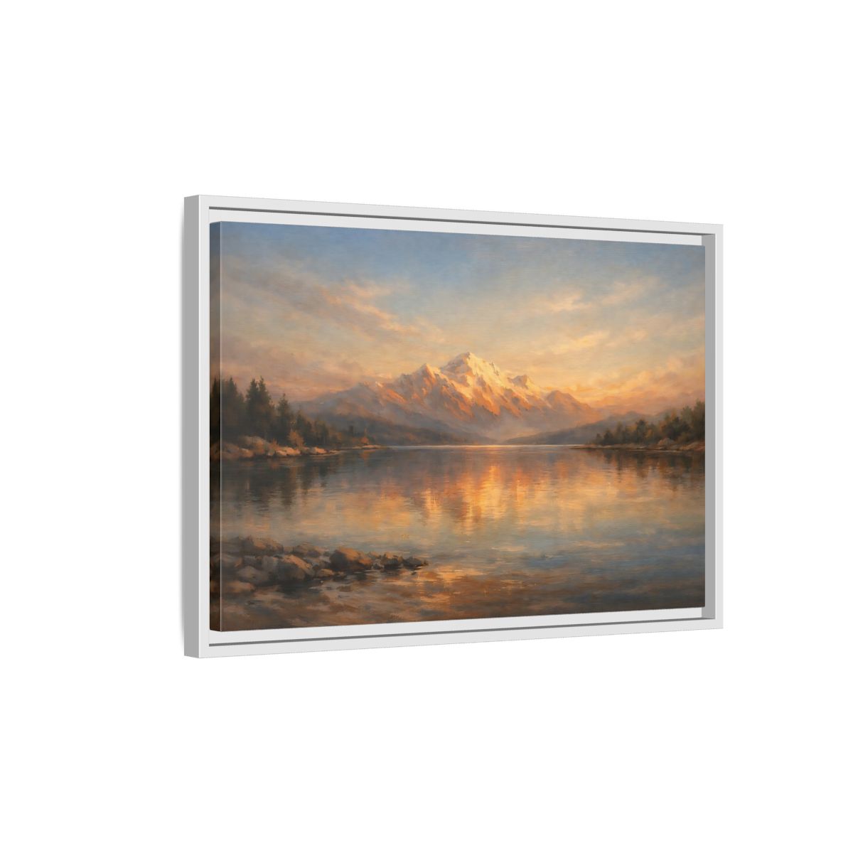 Side Mockup 1. Nature Mountain Lake Golden Mountain Lake shown as stretched canvas wall art