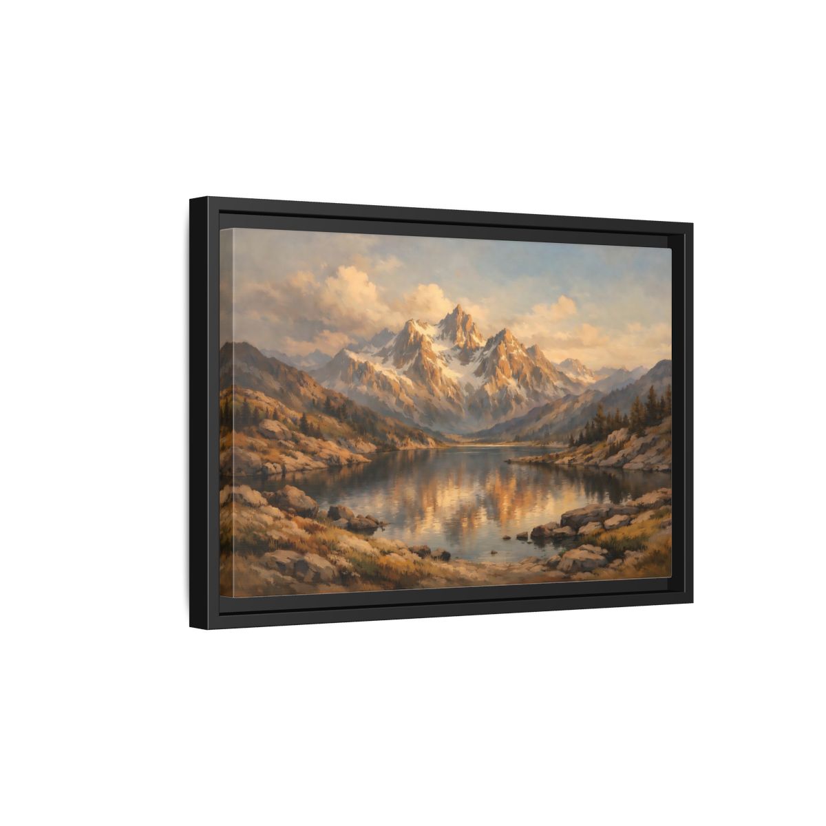 Side Mockup 6. Nature Mountain Lake Golden Mountain Lake shown as stretched canvas wall art