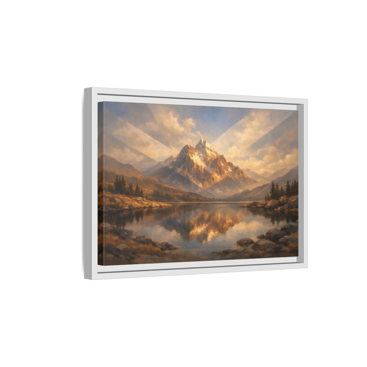 Side Mockup 4. Nature Mountain Lake Golden Mountain Lake shown as stretched canvas wall art