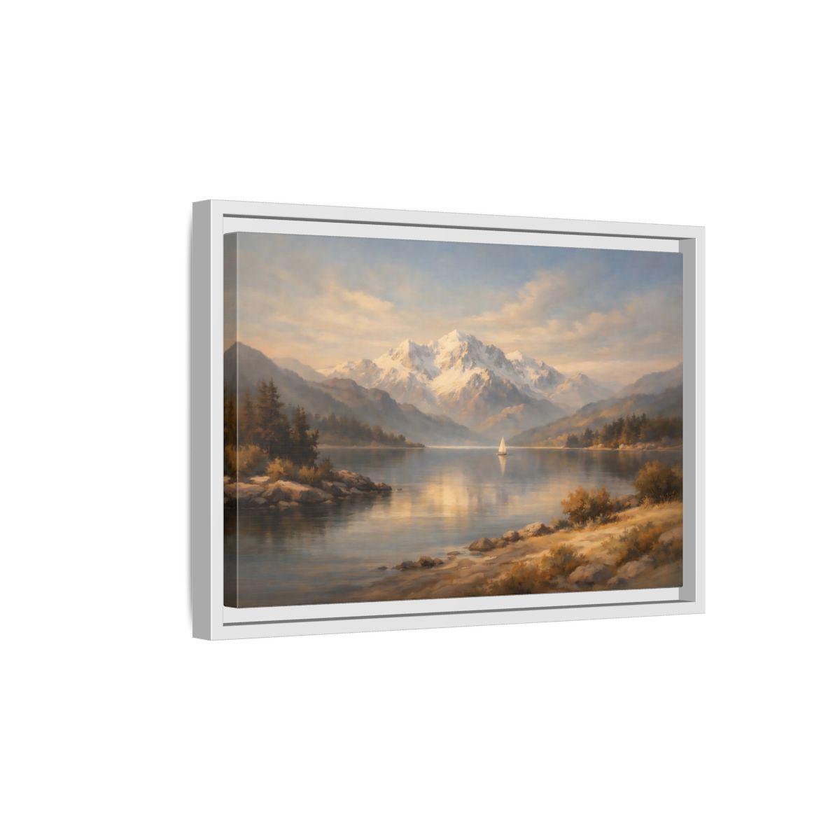 Side Mockup 4. Nature Mountain Lake Golden Lake Mountains shown as stretched canvas wall art