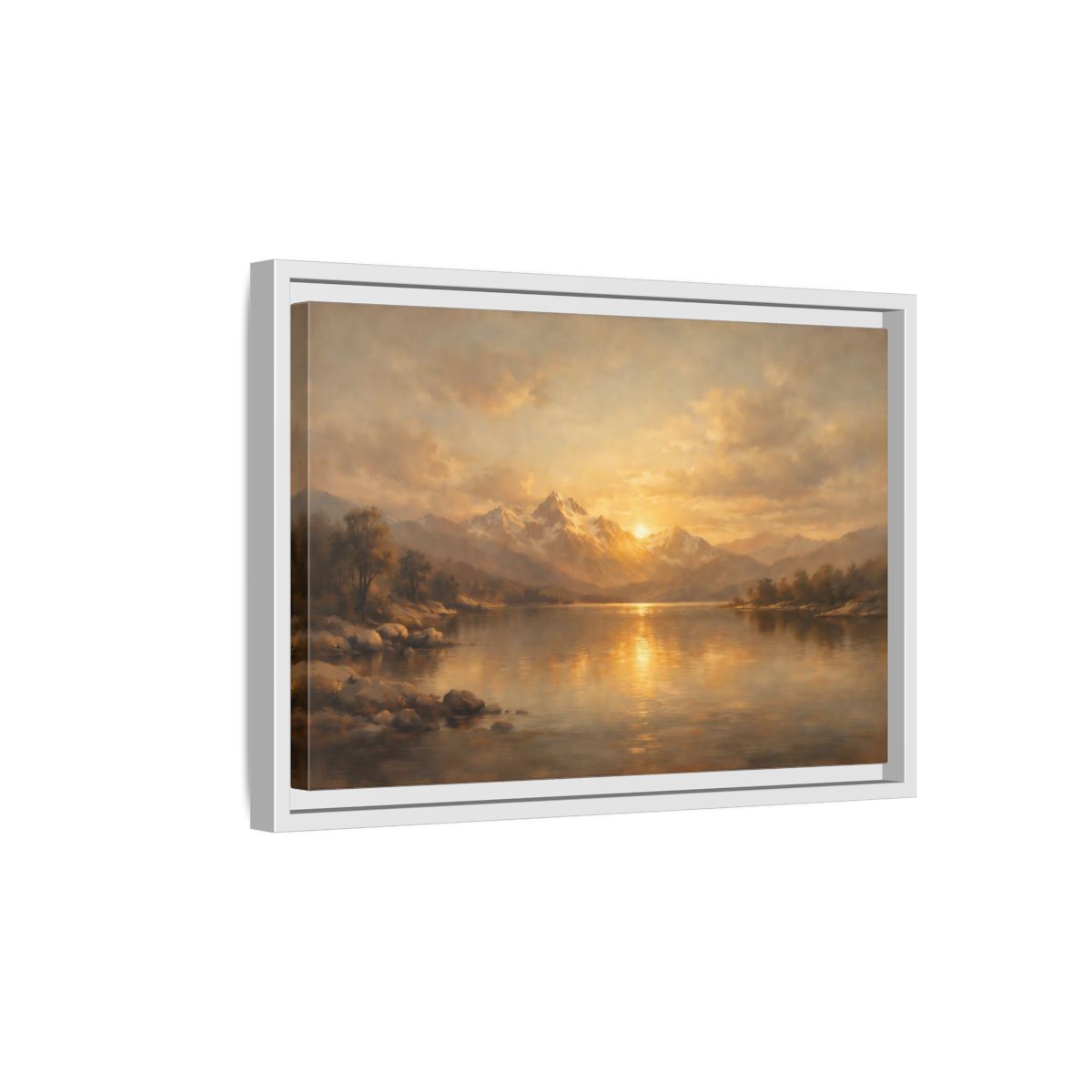 Side Mockup 4. Nature Mountain Lake Golden Mountain Lake shown as stretched canvas wall art