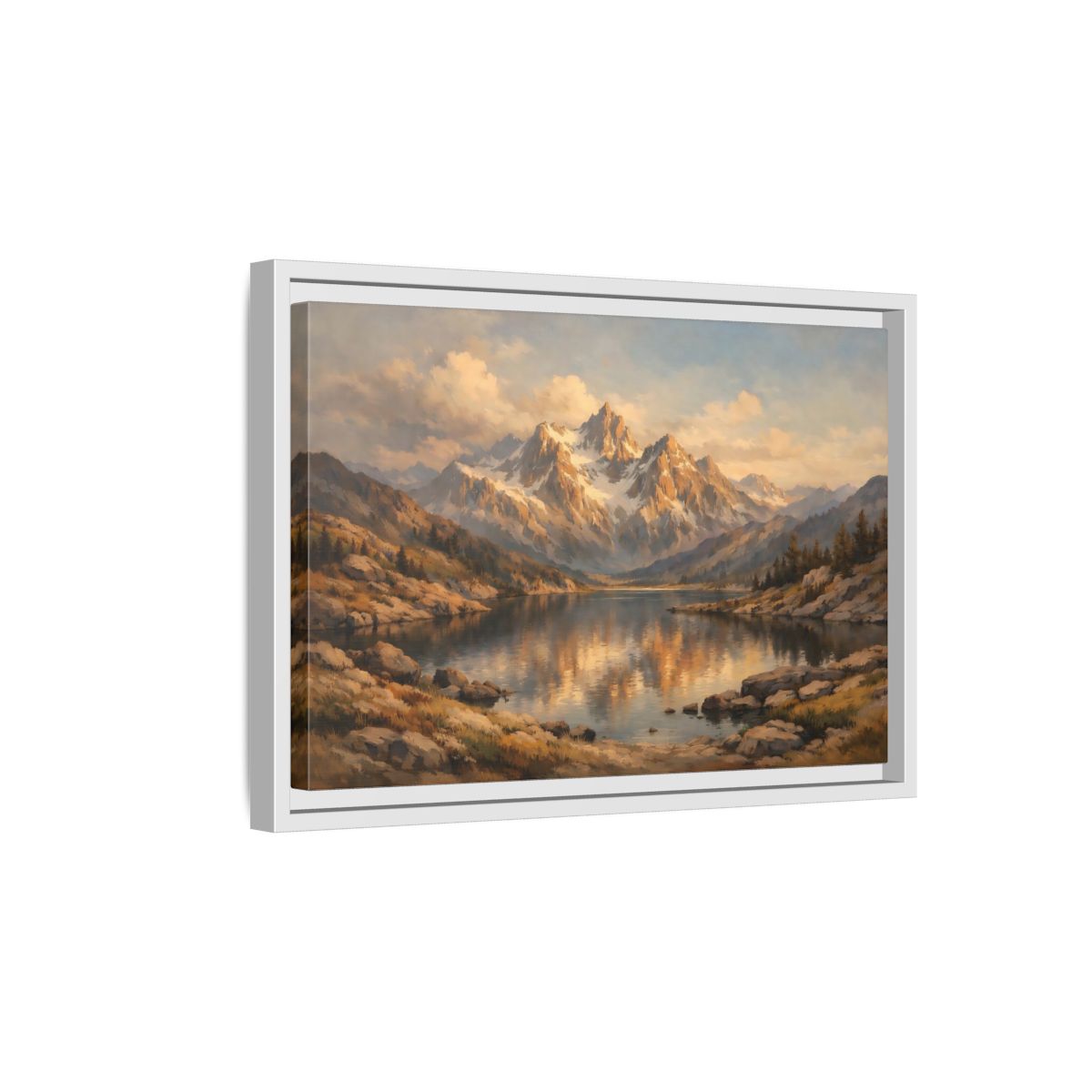 Side Mockup 4. Nature Mountain Lake Golden Mountain Lake shown as stretched canvas wall art