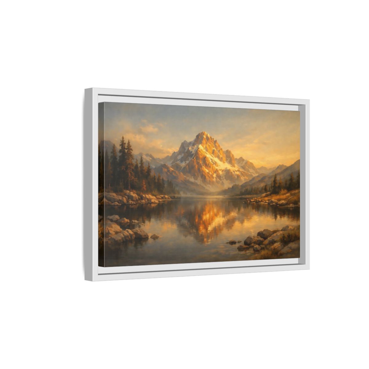 Side Mockup 4. Nature Mountain Lake Golden Mountain Lake shown as stretched canvas wall art