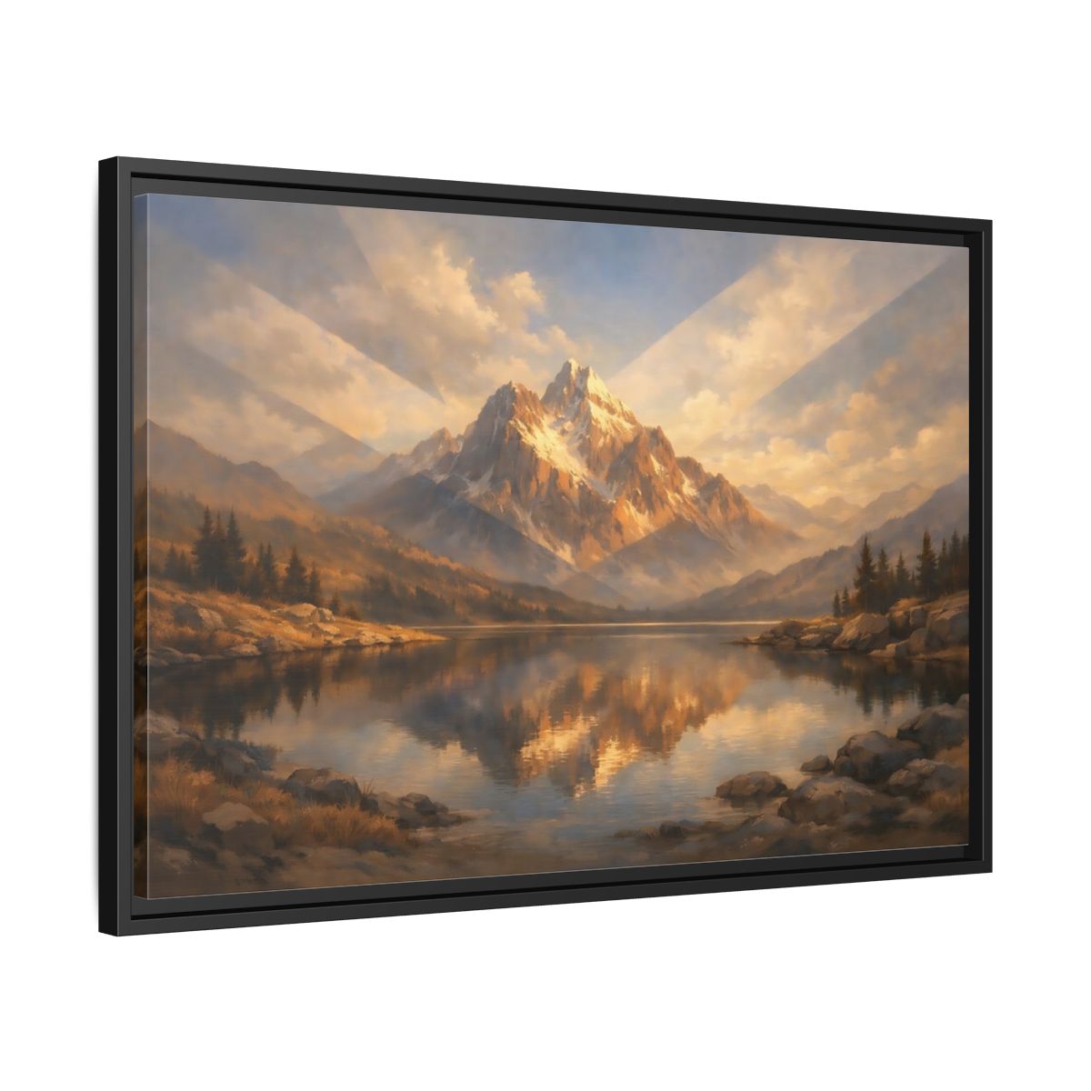 Side Mockup 14. Nature Mountain Lake Golden Mountain Lake shown as stretched canvas wall art