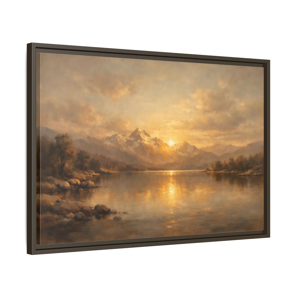 Side Mockup 11. Nature Mountain Lake Golden Mountain Lake shown as stretched canvas wall art