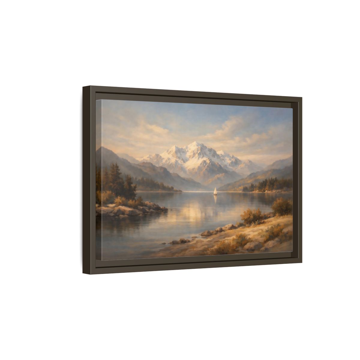 Side Mockup 5. Nature Mountain Lake Golden Lake Mountains shown as stretched canvas wall art