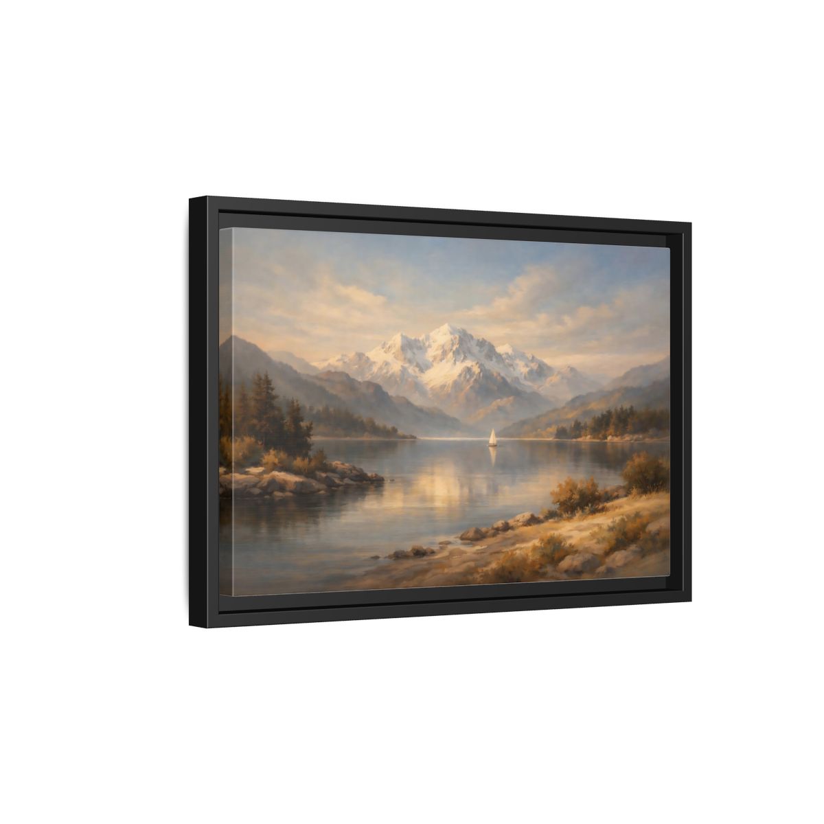 Side Mockup 6. Nature Mountain Lake Golden Lake Mountains shown as stretched canvas wall art