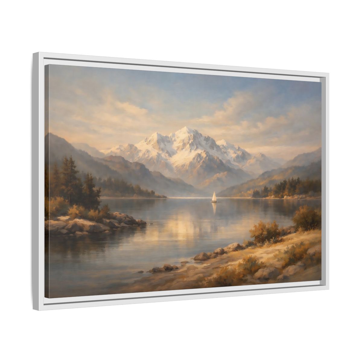 Side Mockup 10. Nature Mountain Lake Golden Lake Mountains shown as stretched canvas wall art