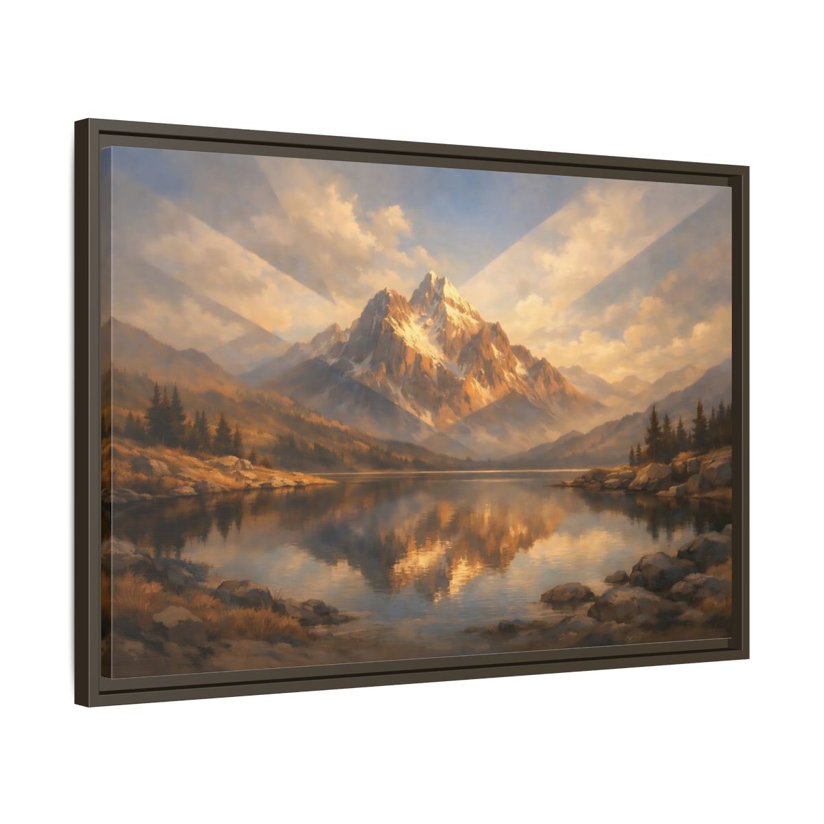 Side Mockup 11. Nature Mountain Lake Golden Mountain Lake shown as stretched canvas wall art