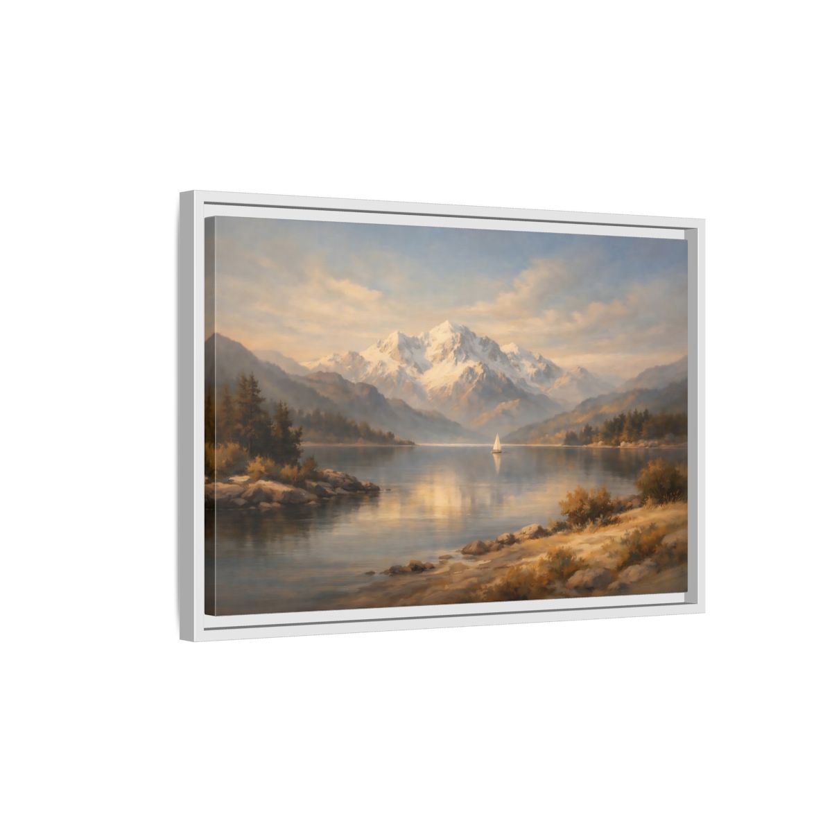 Side Mockup 1. Nature Mountain Lake Golden Lake Mountains shown as stretched canvas wall art