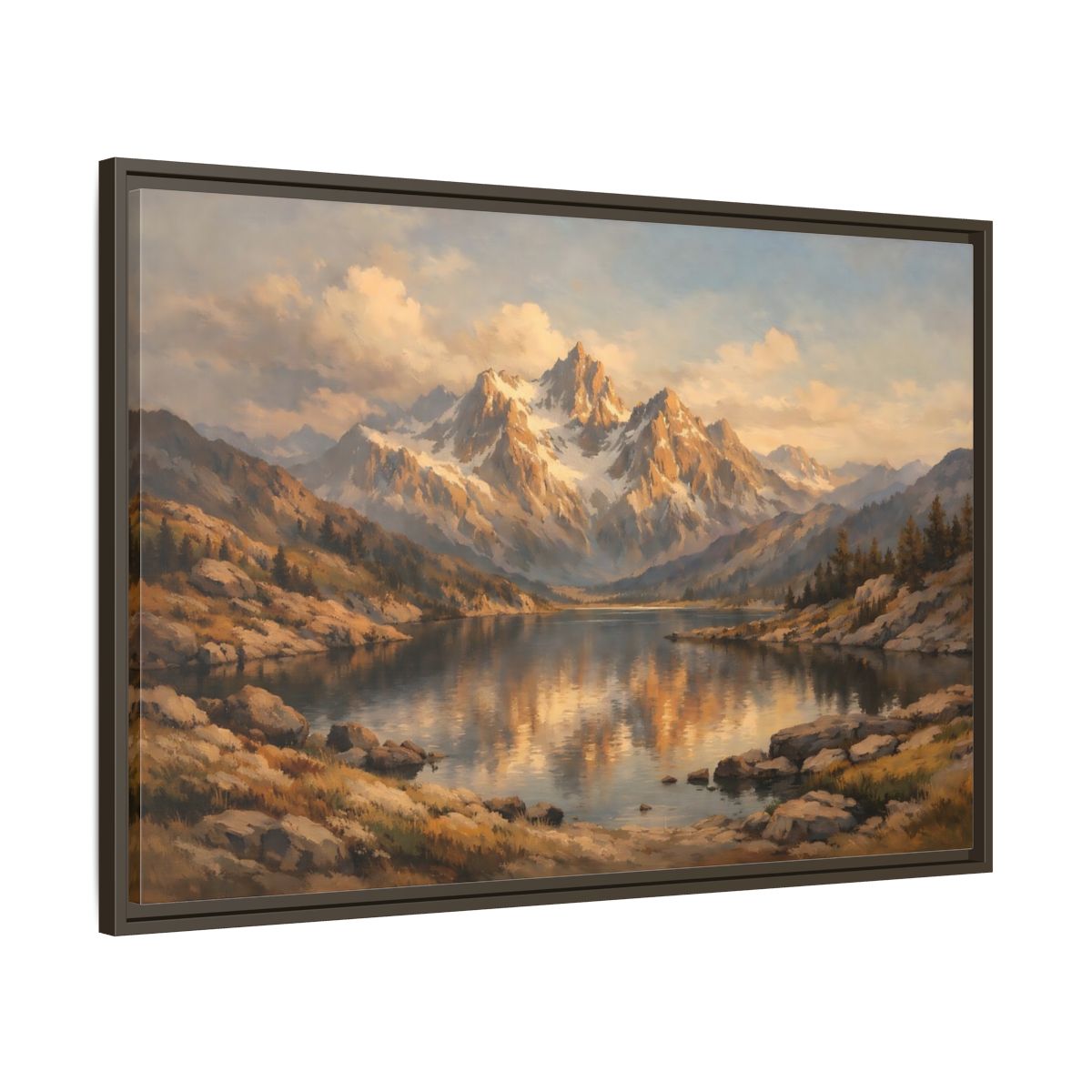 Side Mockup 9. Nature Mountain Lake Golden Mountain Lake shown as stretched canvas wall art