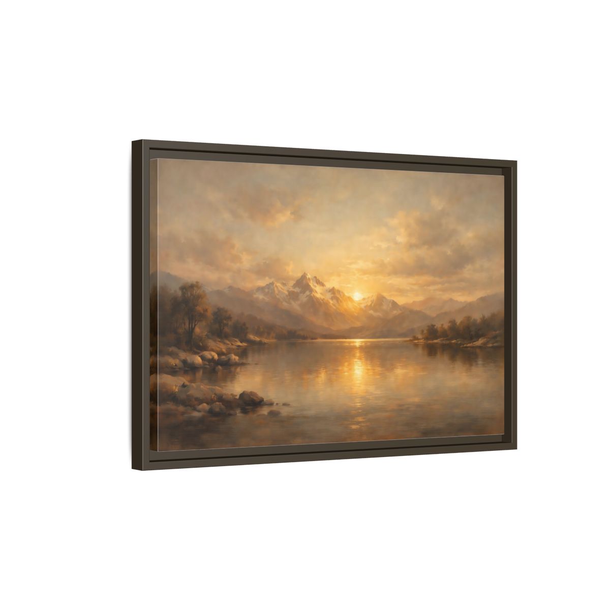 Side Mockup 2. Nature Mountain Lake Golden Mountain Lake shown as stretched canvas wall art