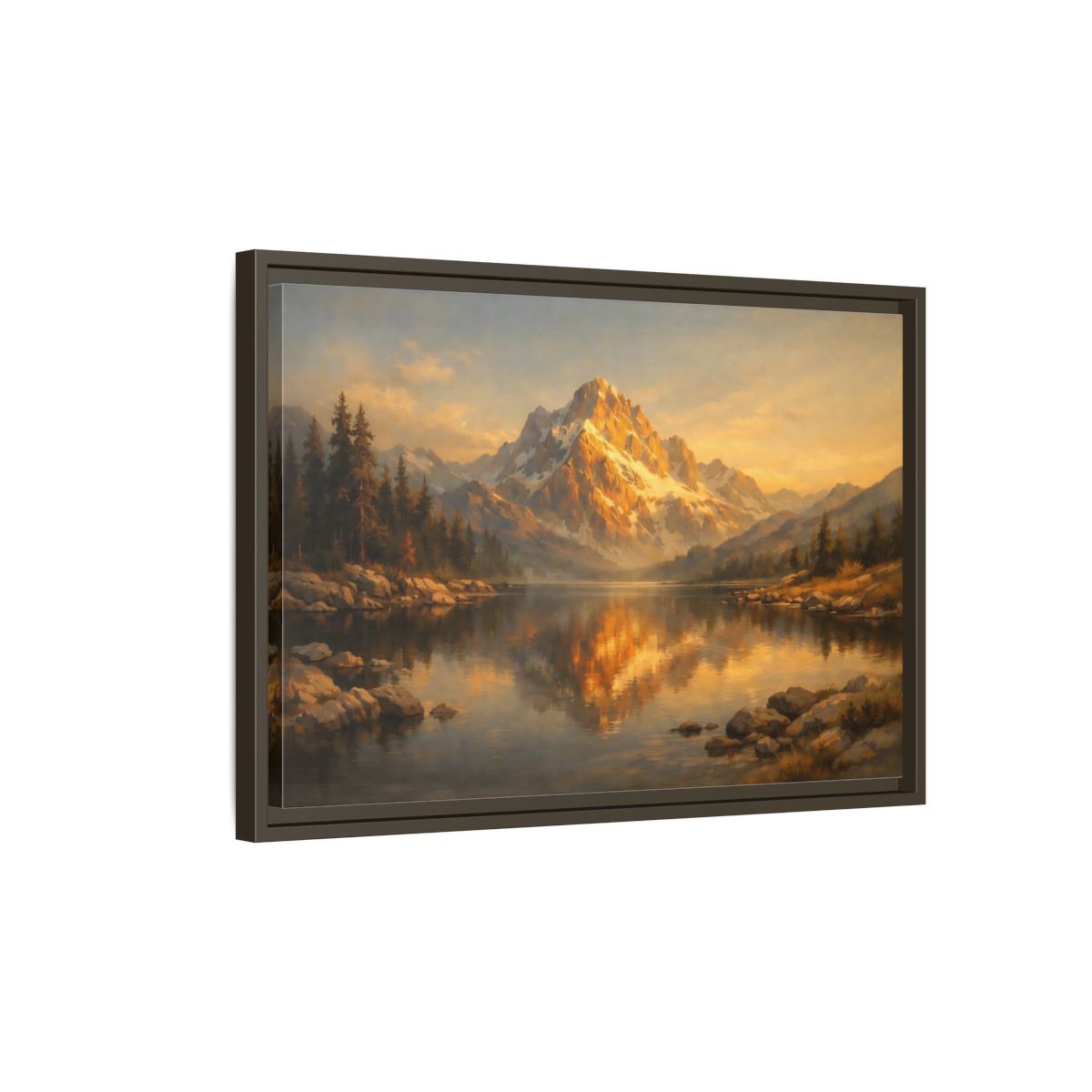 Side Mockup 2. Nature Mountain Lake Golden Mountain Lake shown as stretched canvas wall art