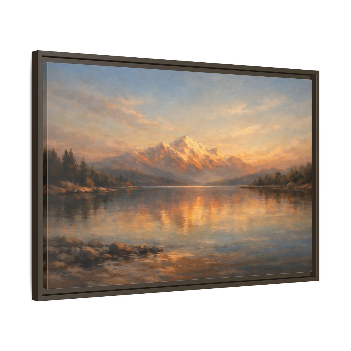Side Mockup 11. Nature Mountain Lake Golden Mountain Lake shown as stretched canvas wall art