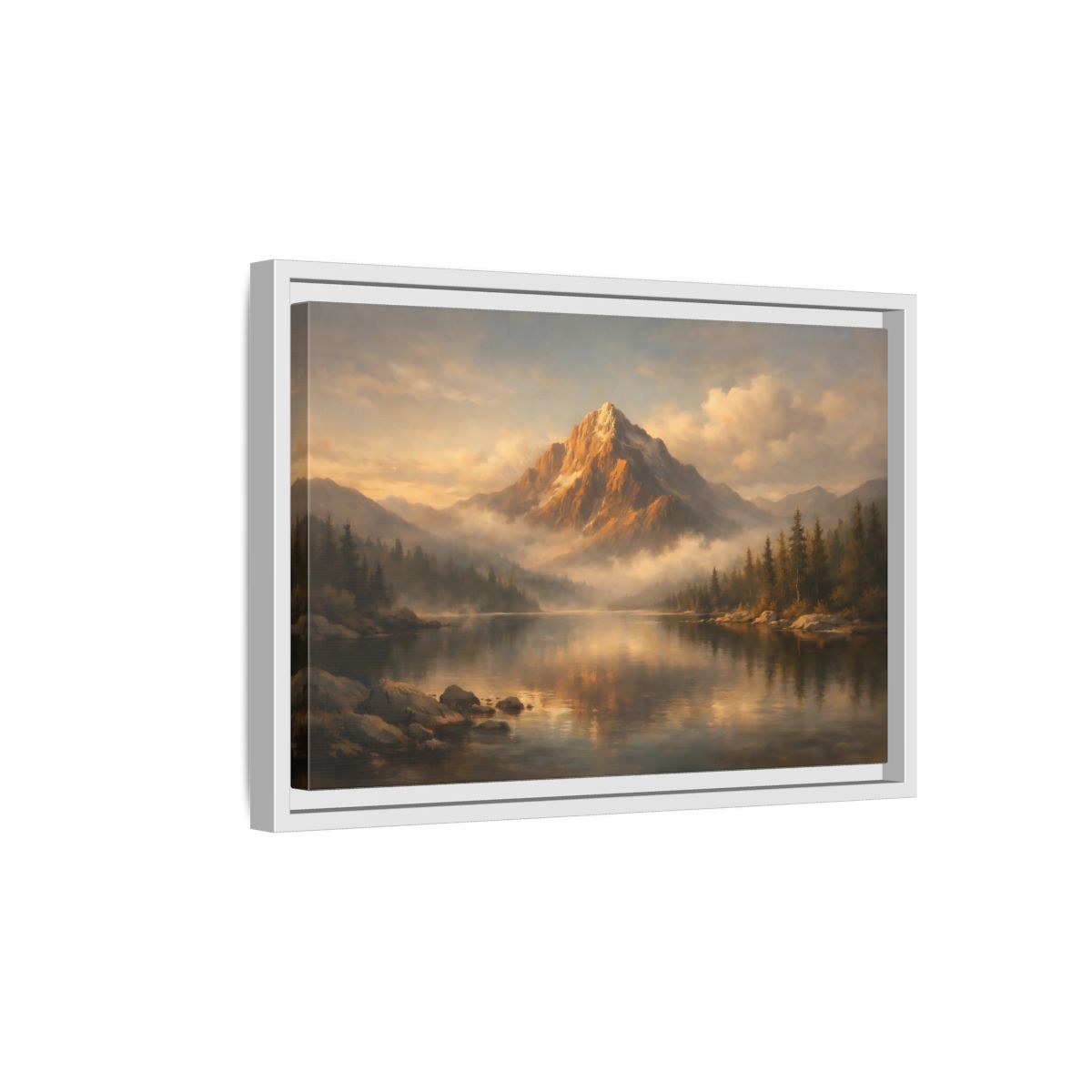 Side Mockup 4. Nature Mountain Lake Golden Mountain Lake shown as stretched canvas wall art