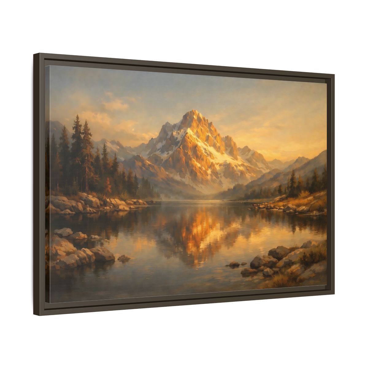 Side Mockup 11. Nature Mountain Lake Golden Mountain Lake shown as stretched canvas wall art