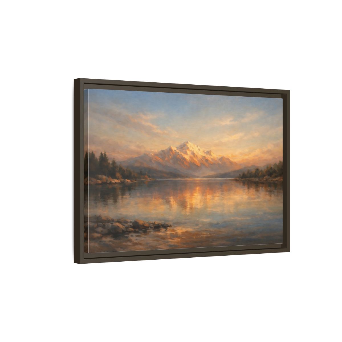 Side Mockup 2. Nature Mountain Lake Golden Mountain Lake shown as stretched canvas wall art