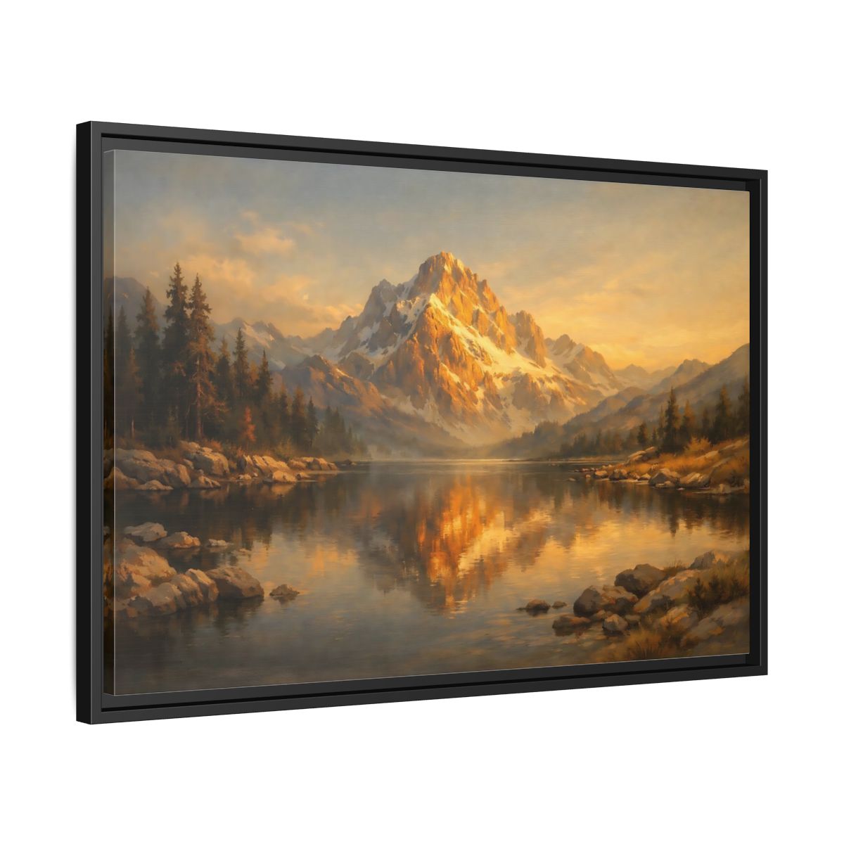 Side Mockup 14. Nature Mountain Lake Golden Mountain Lake shown as stretched canvas wall art