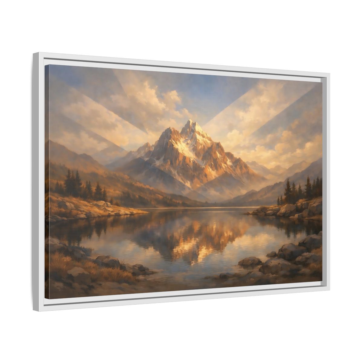 Side Mockup 10. Nature Mountain Lake Golden Mountain Lake shown as stretched canvas wall art
