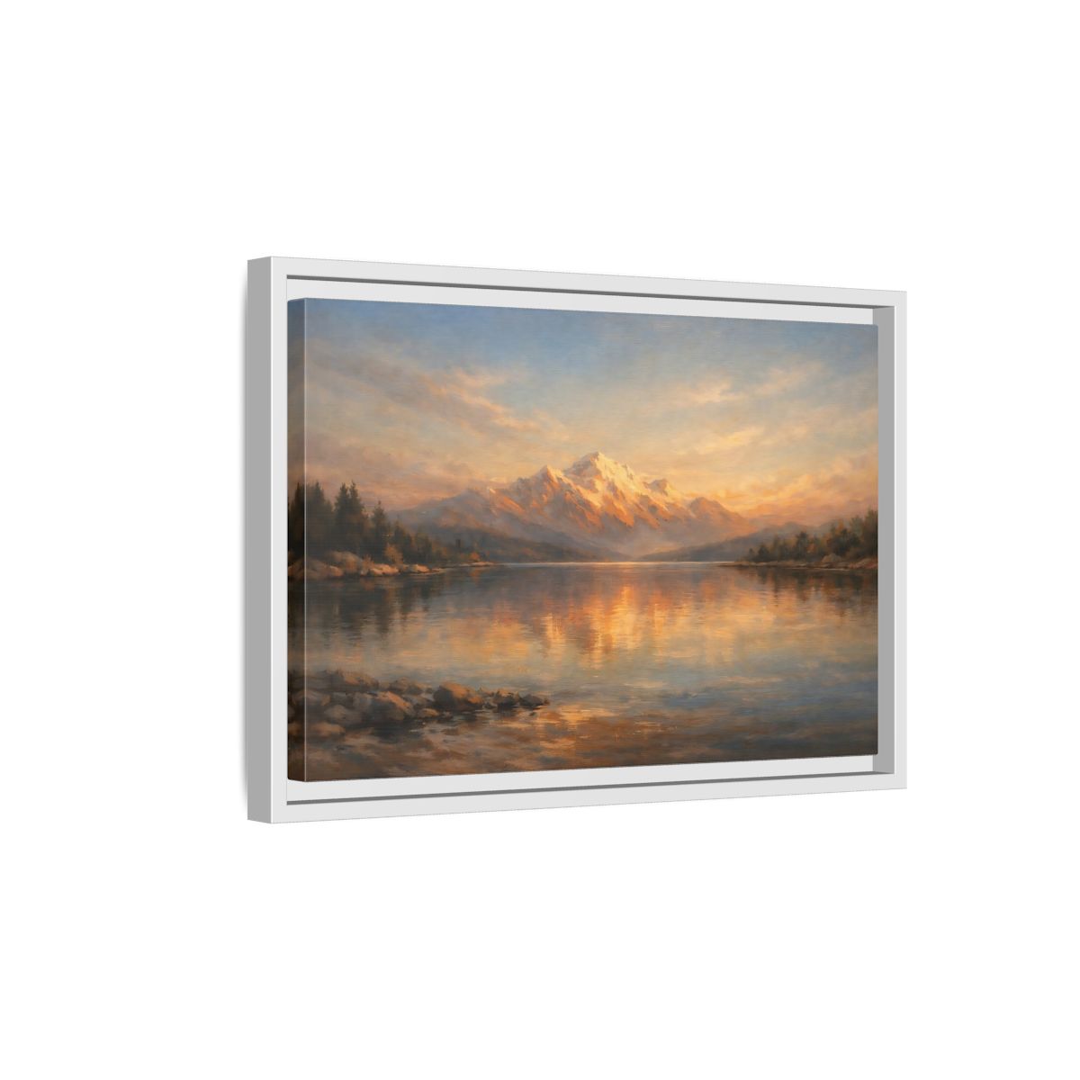 Side Mockup 4. Nature Mountain Lake Golden Mountain Lake shown as stretched canvas wall art