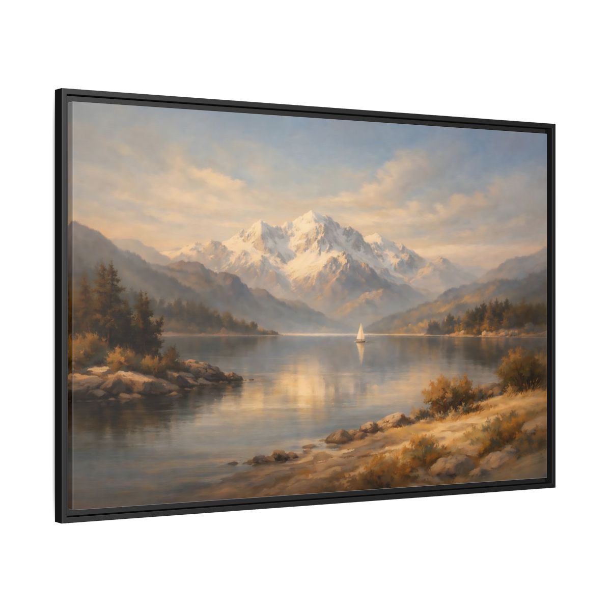 Side Mockup 12. Nature Mountain Lake Golden Lake Mountains shown as stretched canvas wall art