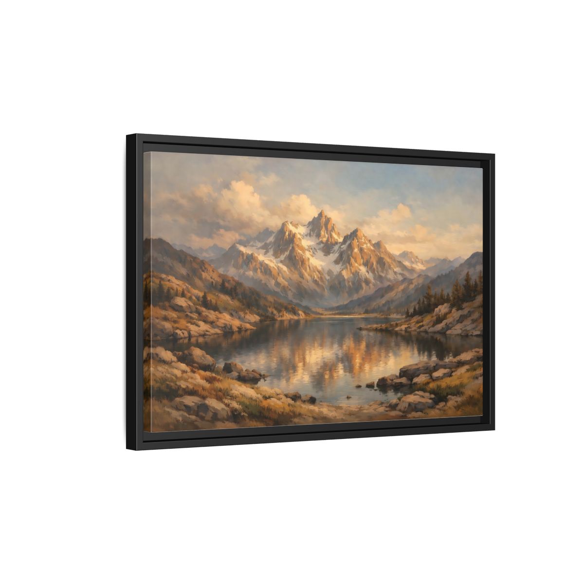 Side Mockup 3. Nature Mountain Lake Golden Mountain Lake shown as stretched canvas wall art