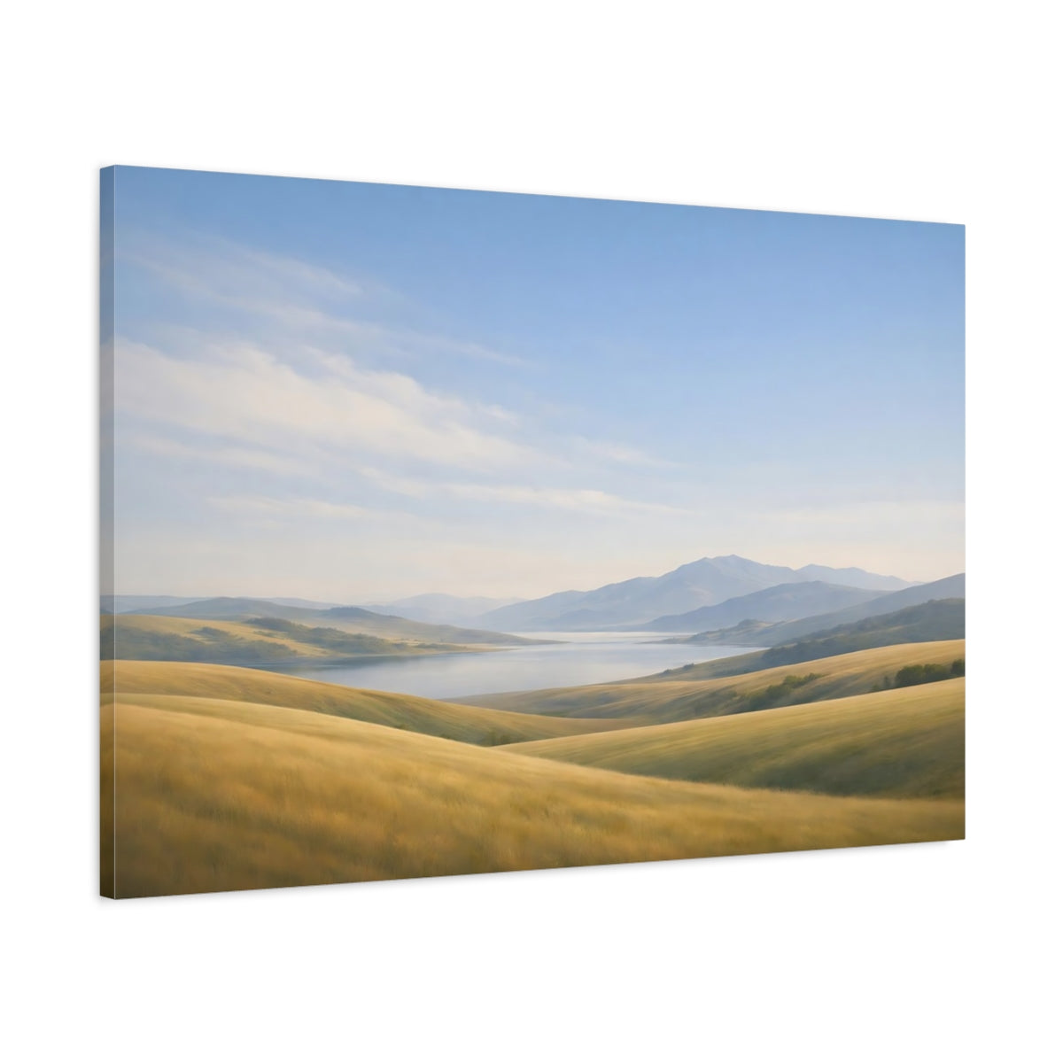 Main Mockup. Nature Mountain Lake Golden Hills Landscape shown as stretched canvas wall art