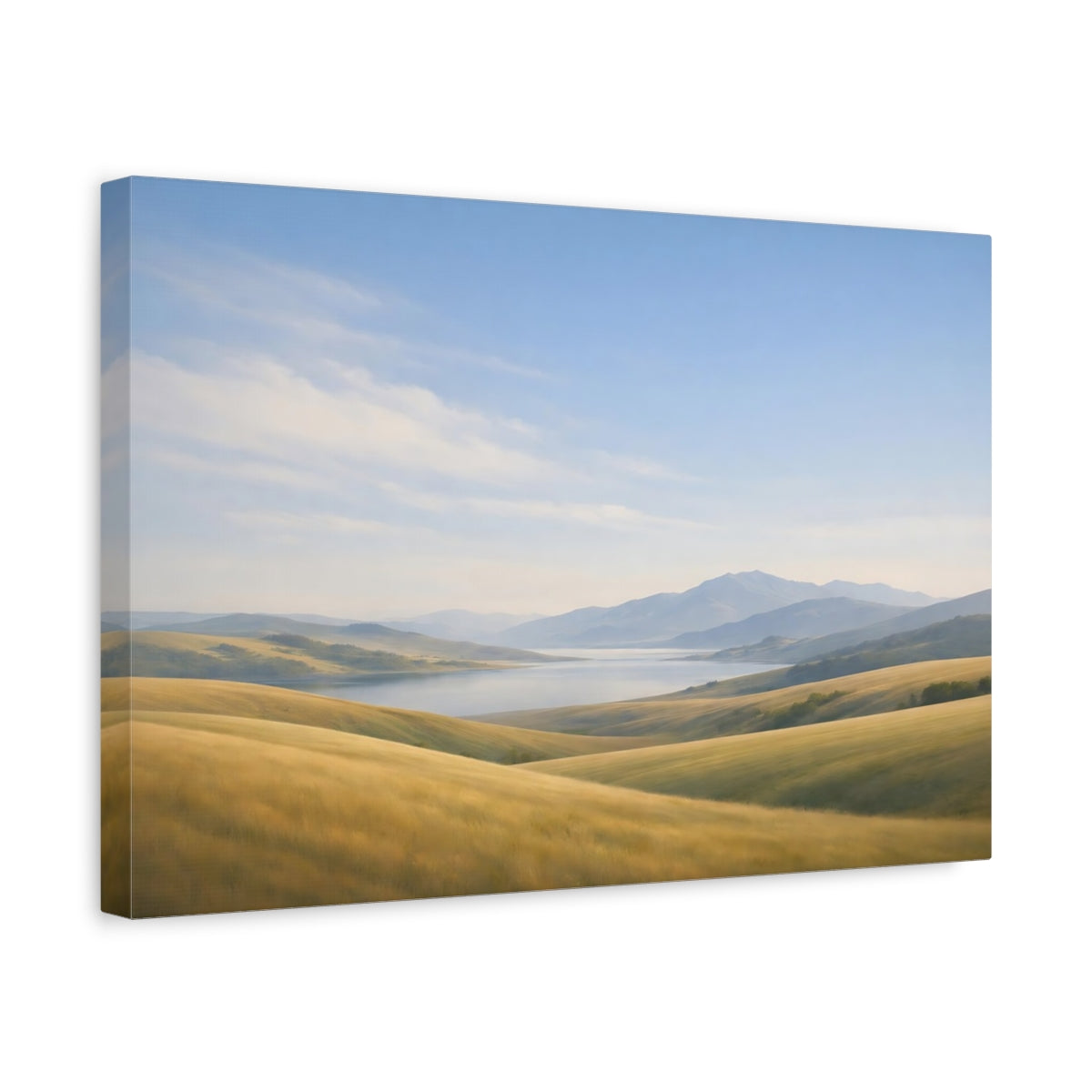 Side Mockup 4. Nature Mountain Lake Golden Hills Landscape shown as stretched canvas wall art