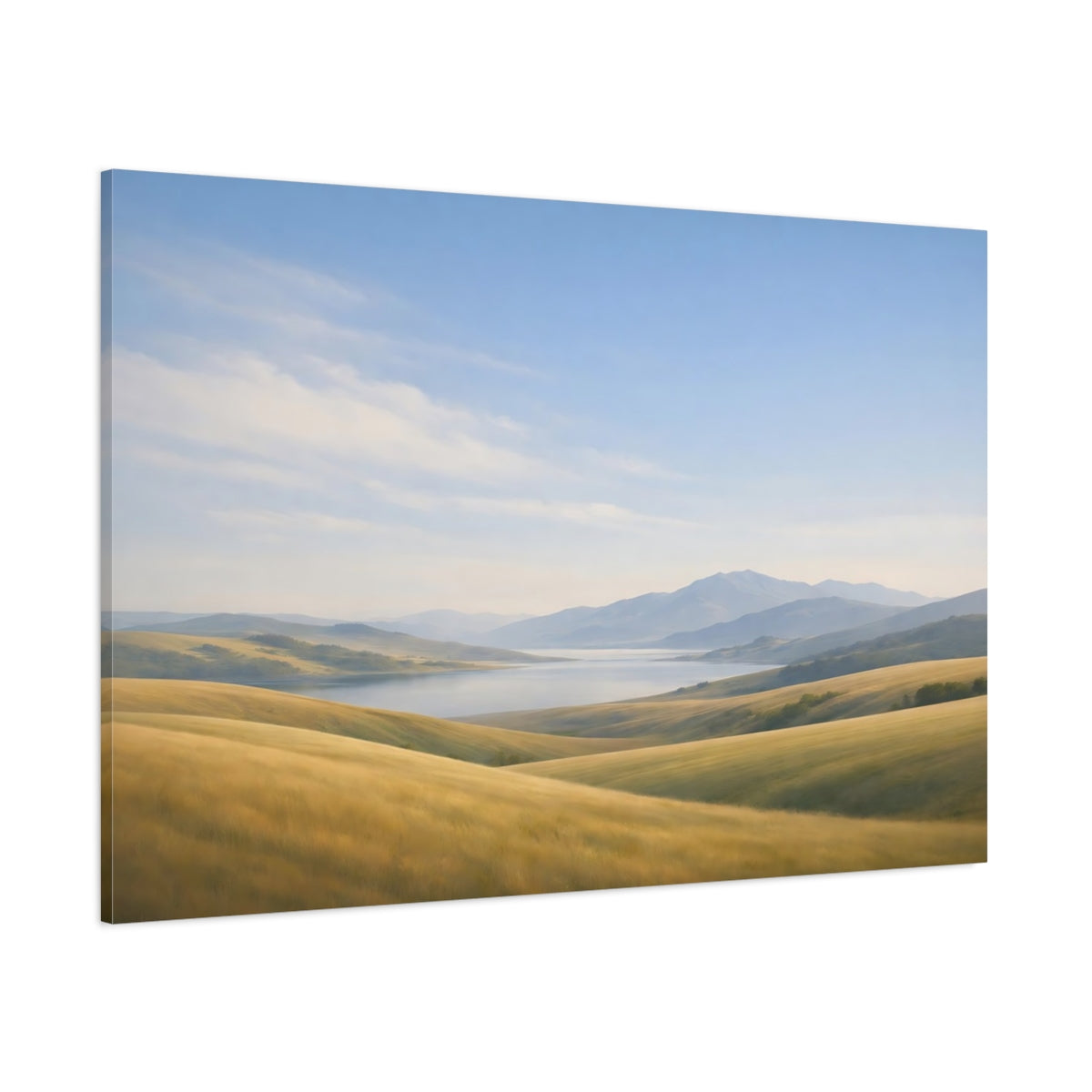 Side Mockup 1. Nature Mountain Lake Golden Hills Landscape shown as stretched canvas wall art