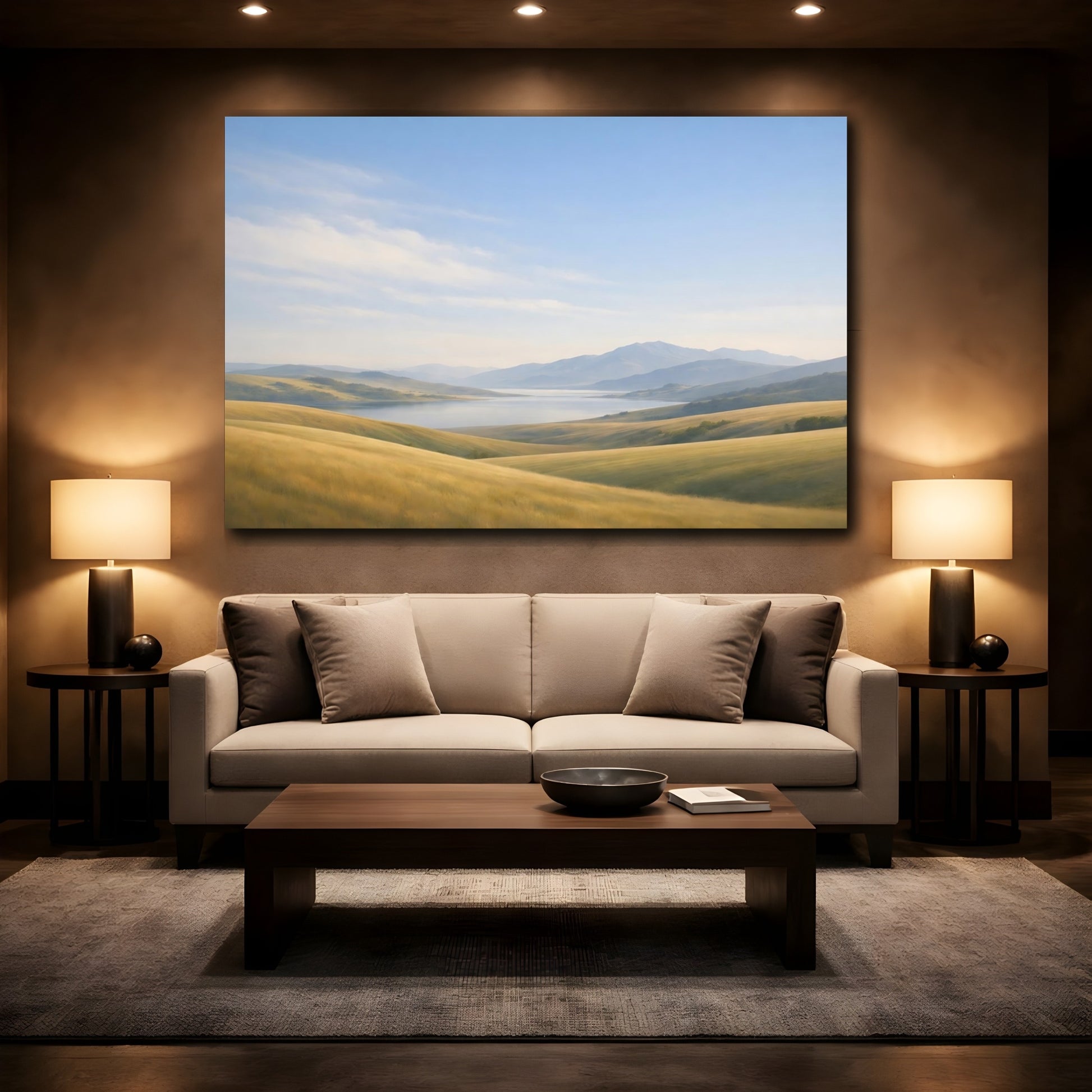 Mockup 2. Nature Mountain Lake Golden Hills Landscape shown as stretched canvas wall art