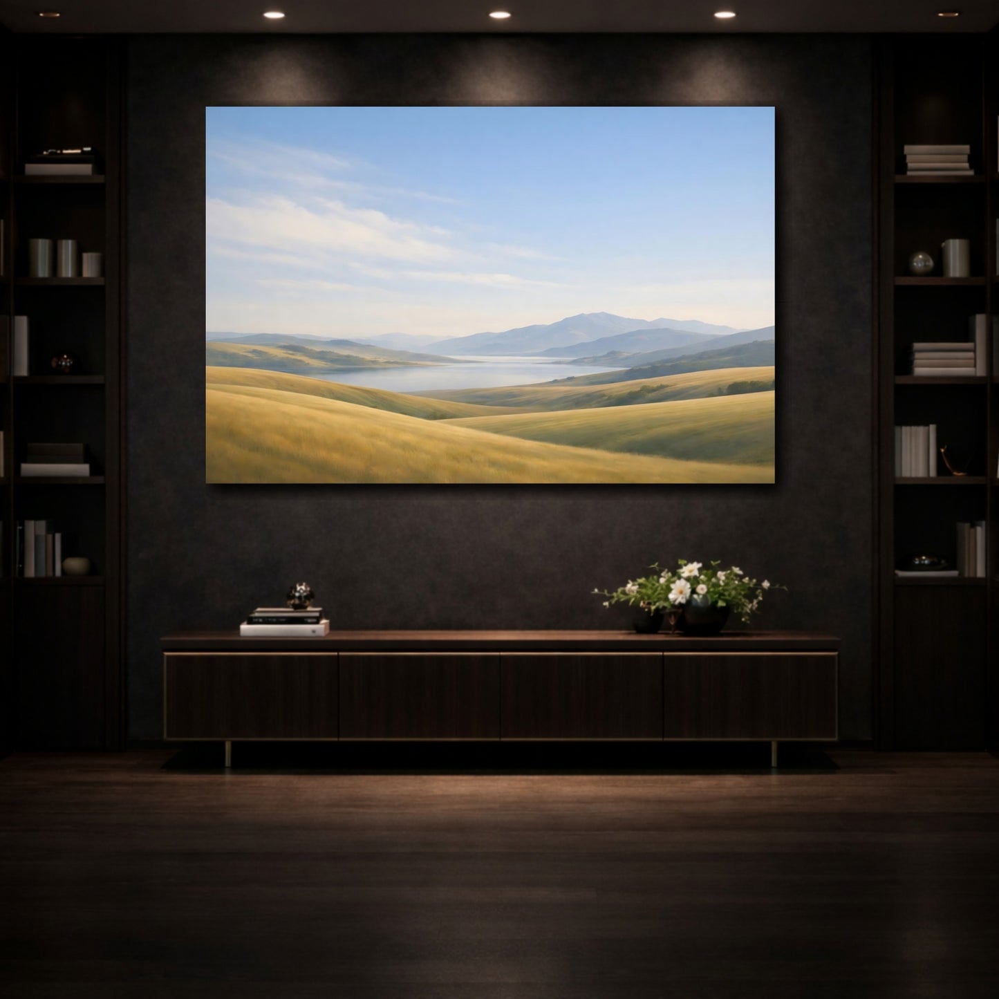 Mockup 3. Nature Mountain Lake Golden Hills Landscape shown as stretched canvas wall art