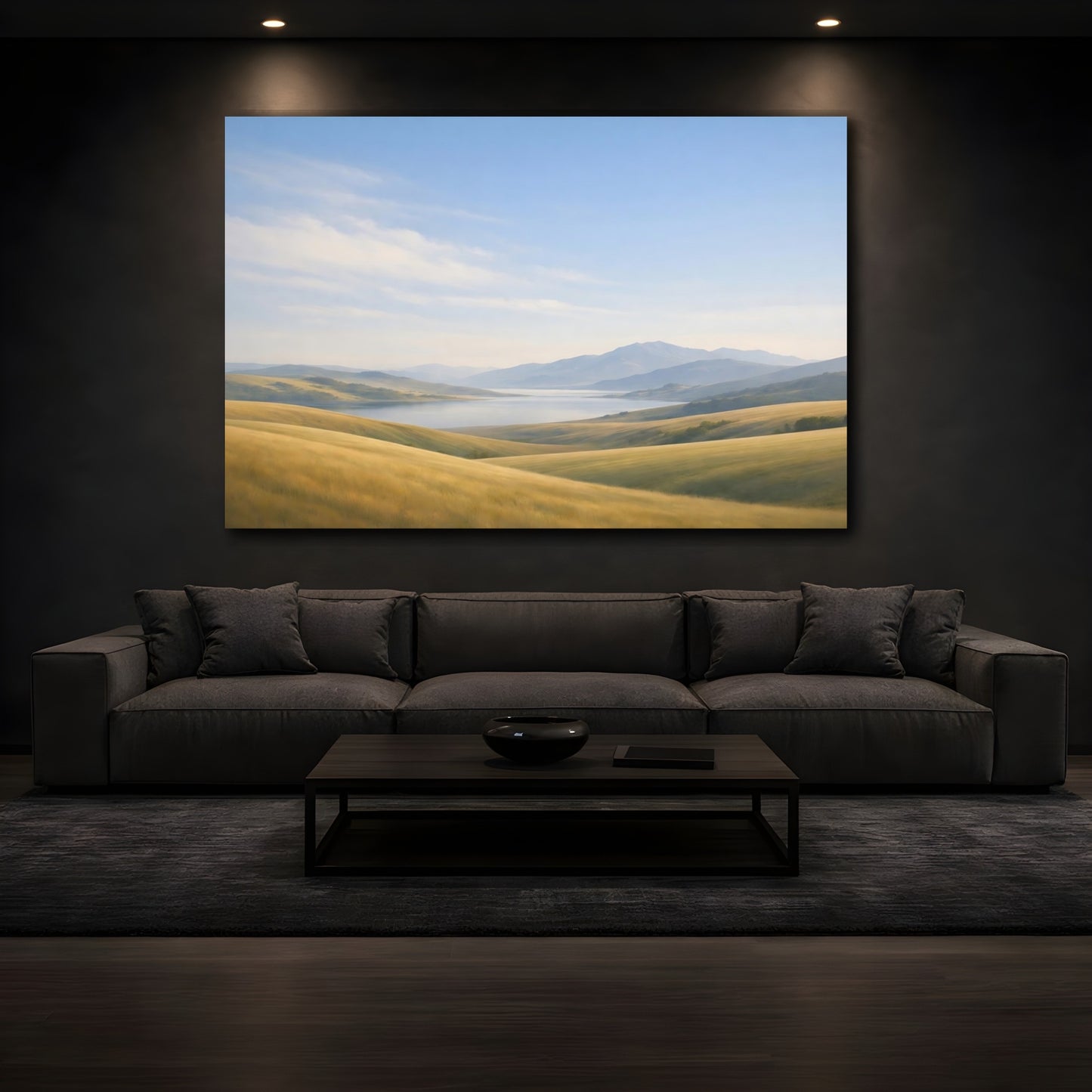 Mockup 4. Nature Mountain Lake Golden Hills Landscape shown as stretched canvas wall art
