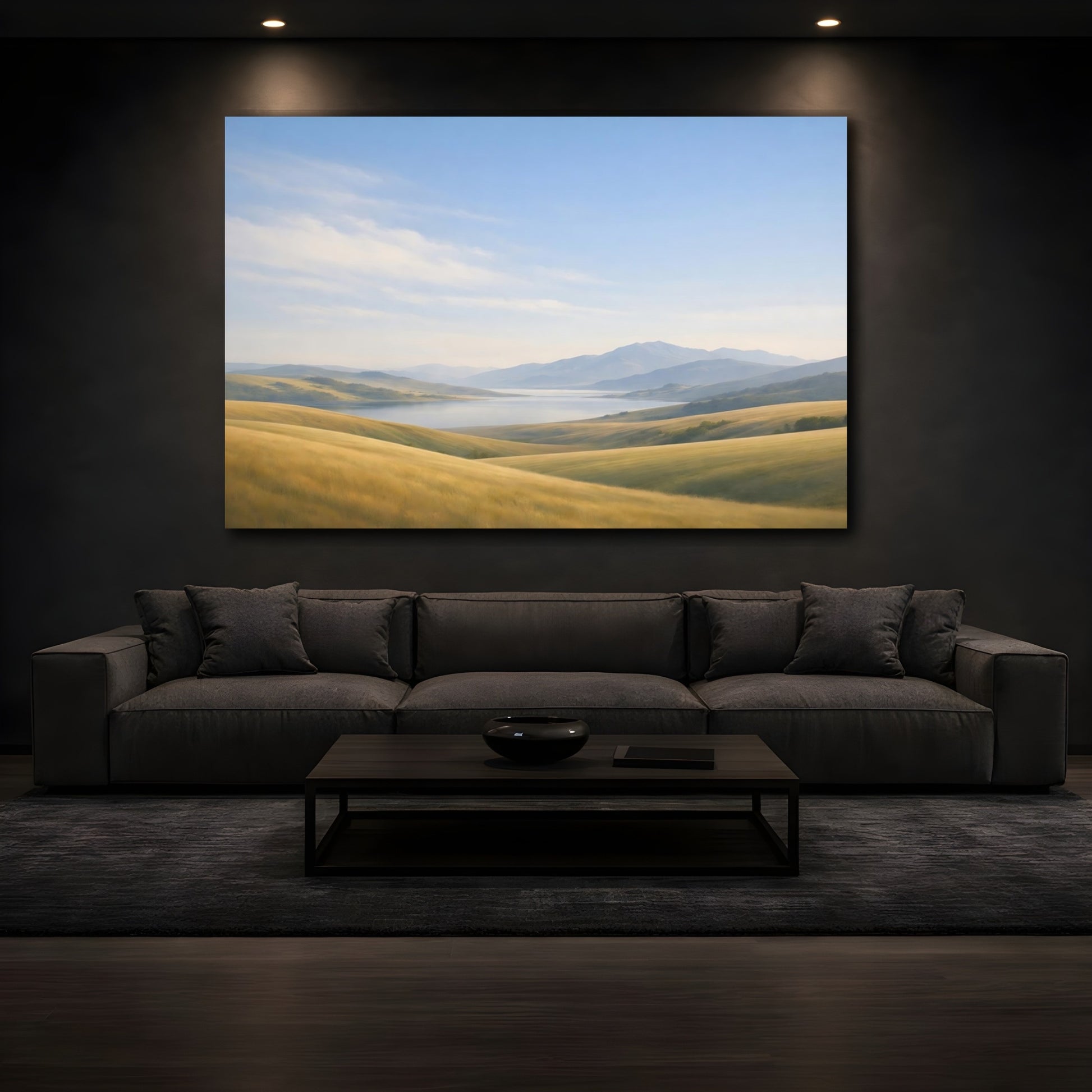 Mockup 4. Nature Mountain Lake Golden Hills Landscape shown as stretched canvas wall art