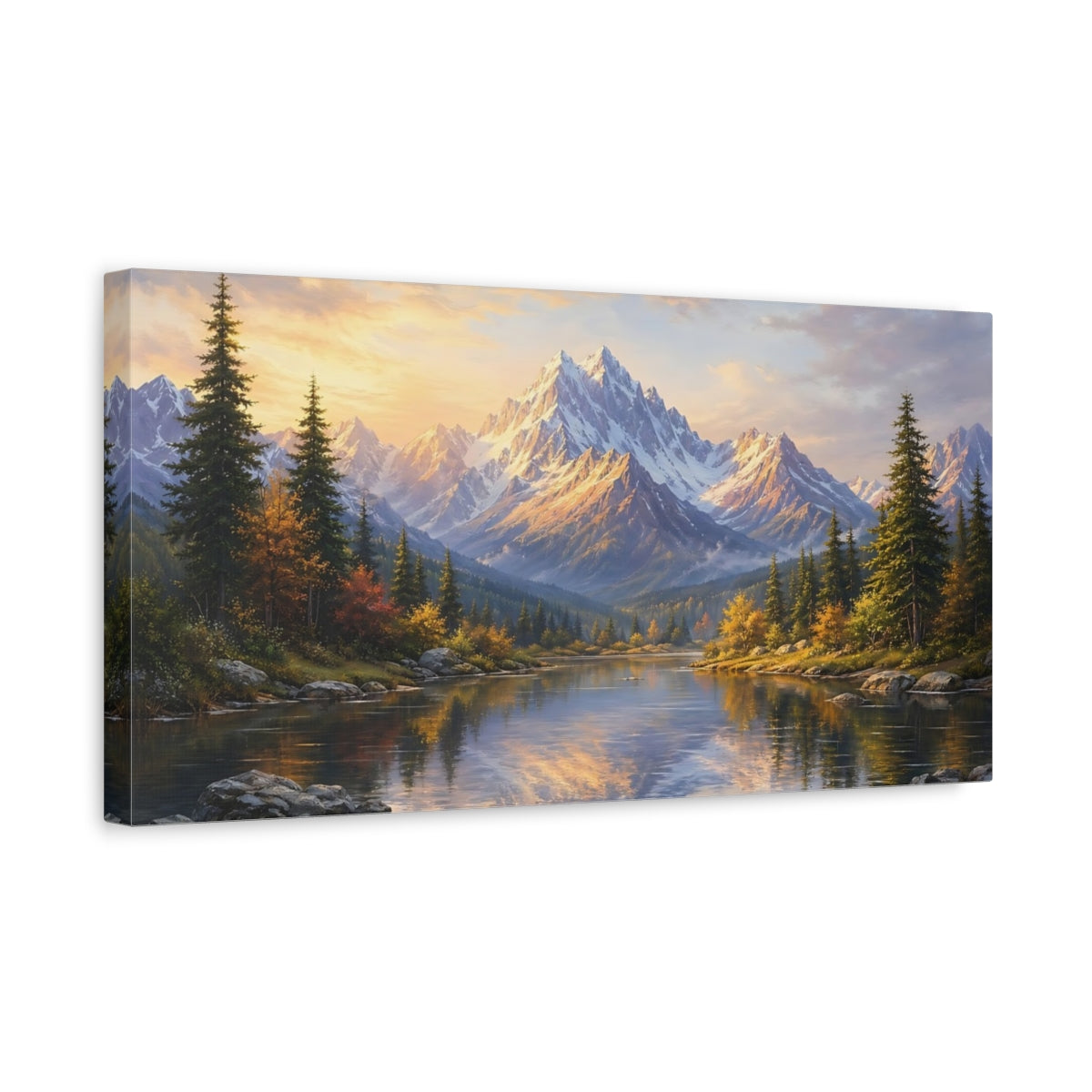 Side Mockup 3. Nature Mountain Lake Mountain Lake Golden Hour shown as stretched canvas wall art