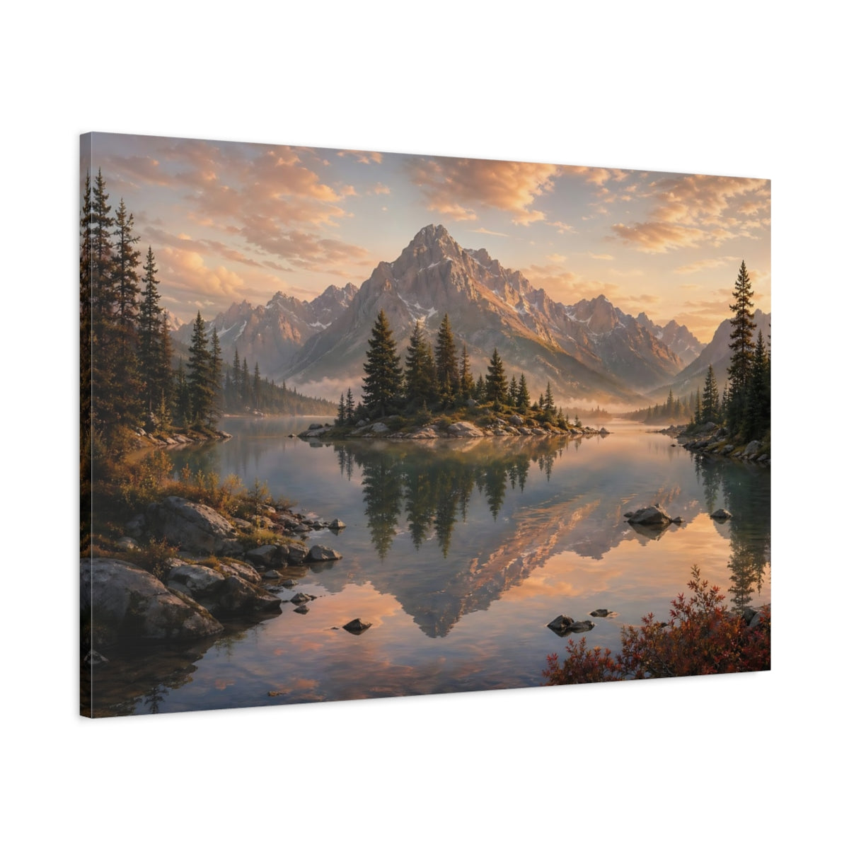 Main Mockup. Nature Mountain Lake Golden Hour Lake shown as stretched canvas wall art