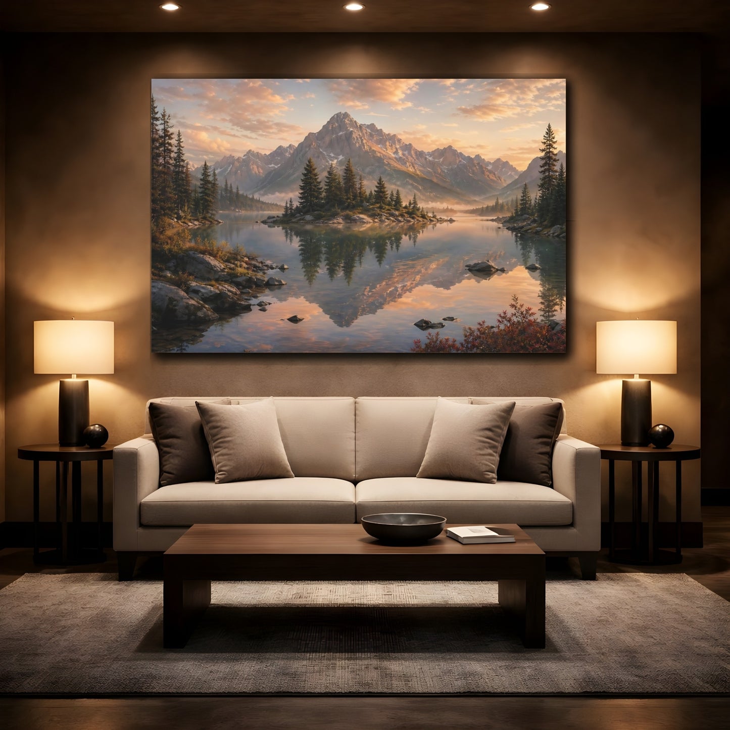 Mockup 2. Nature Mountain Lake Golden Hour Lake shown as stretched canvas wall art