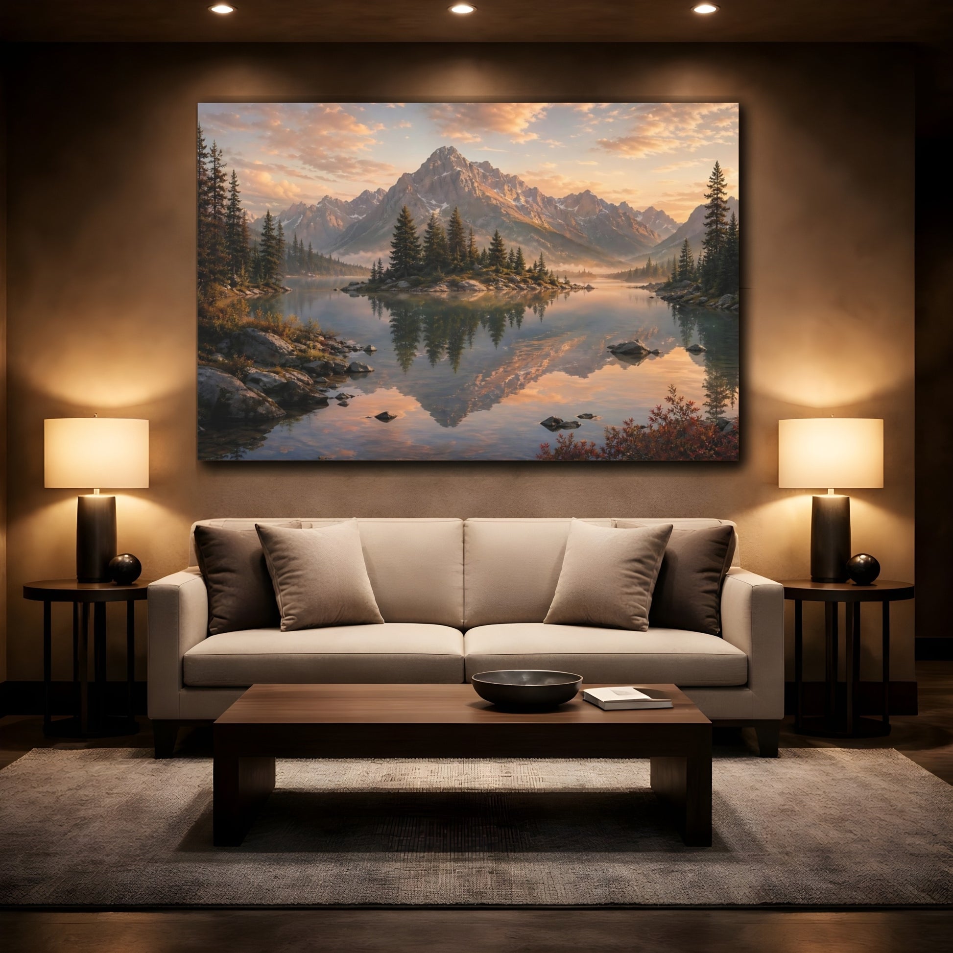 Mockup 2. Nature Mountain Lake Golden Hour Lake shown as stretched canvas wall art