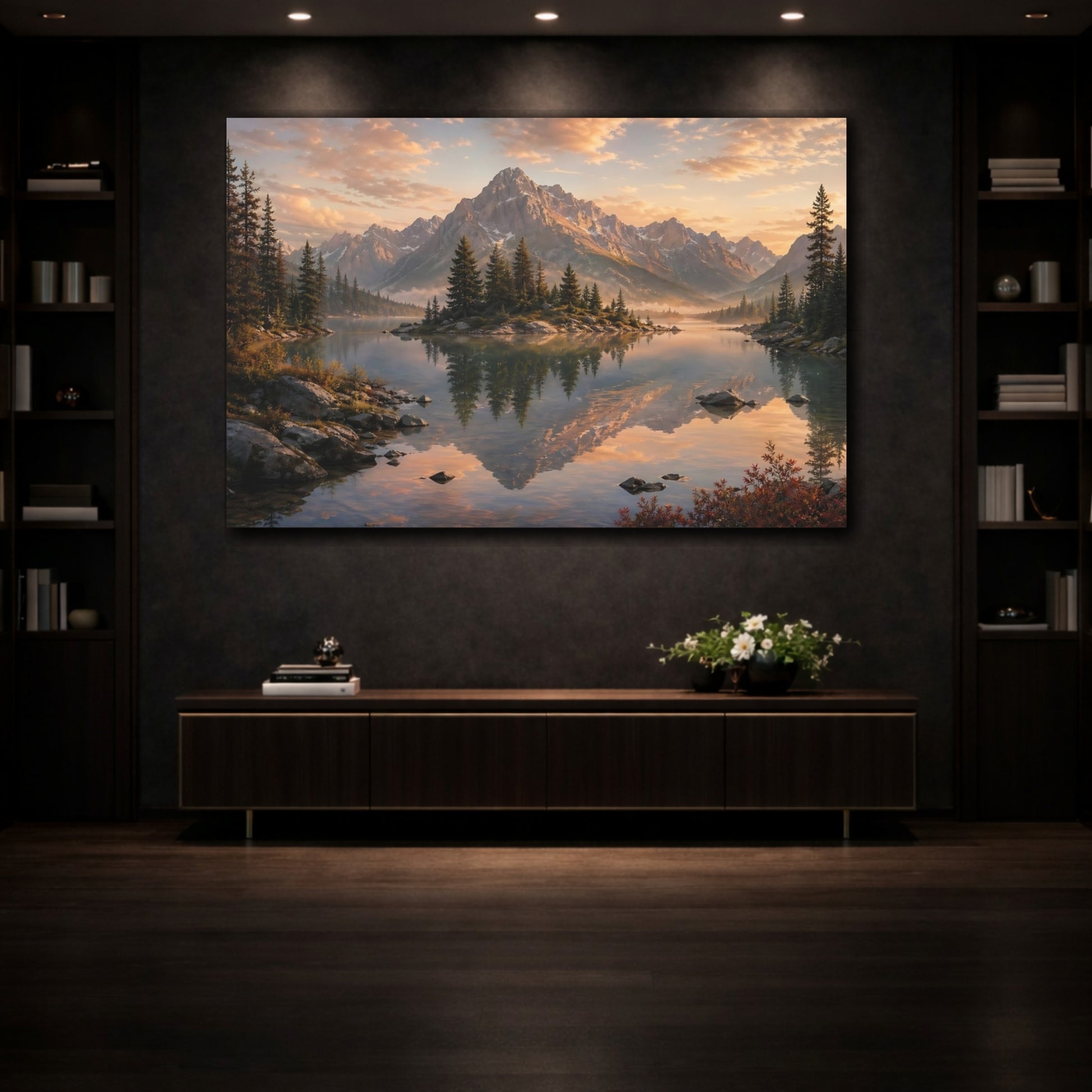 Mockup 3. Nature Mountain Lake Golden Hour Lake shown as stretched canvas wall art