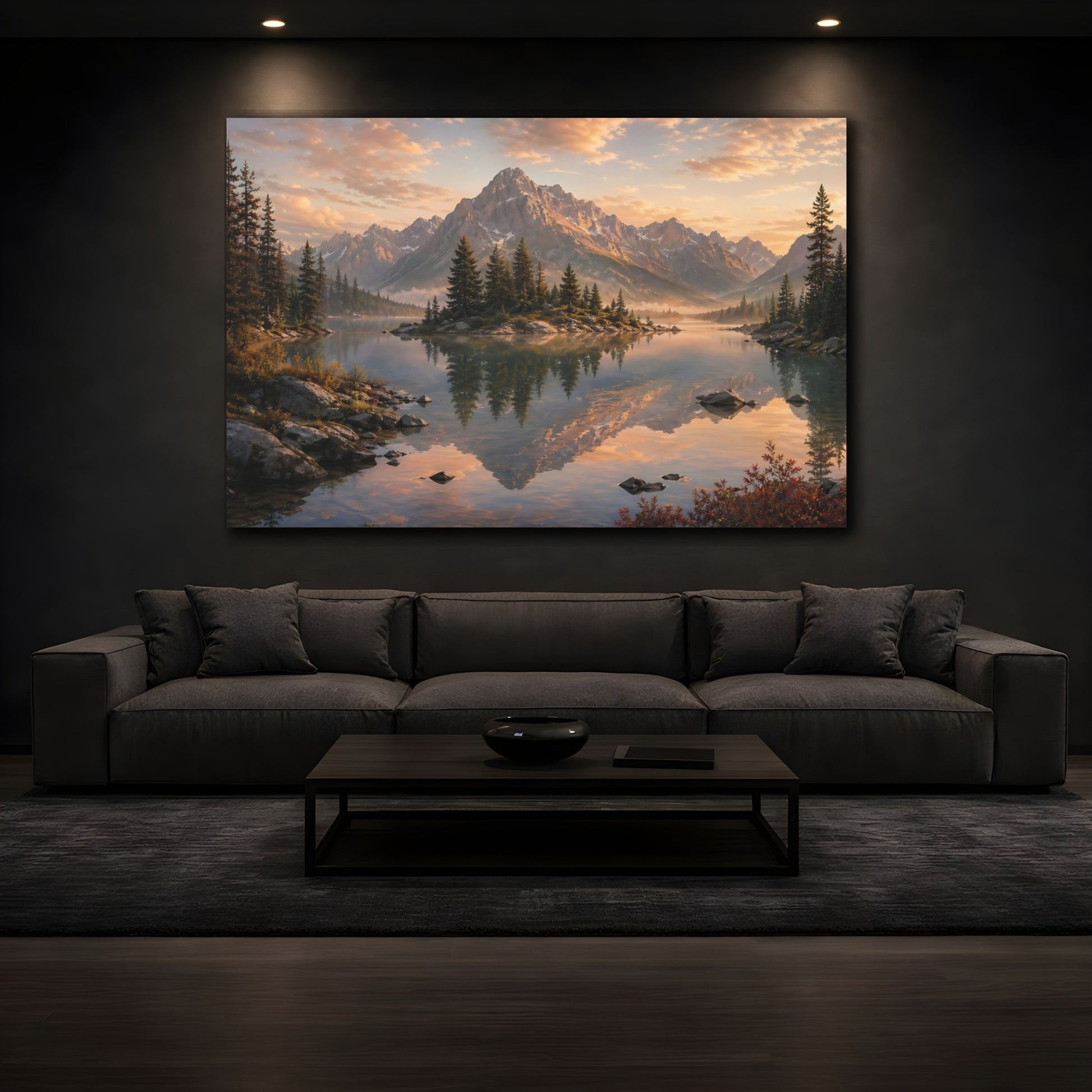 Mockup 4. Nature Mountain Lake Golden Hour Lake shown as stretched canvas wall art